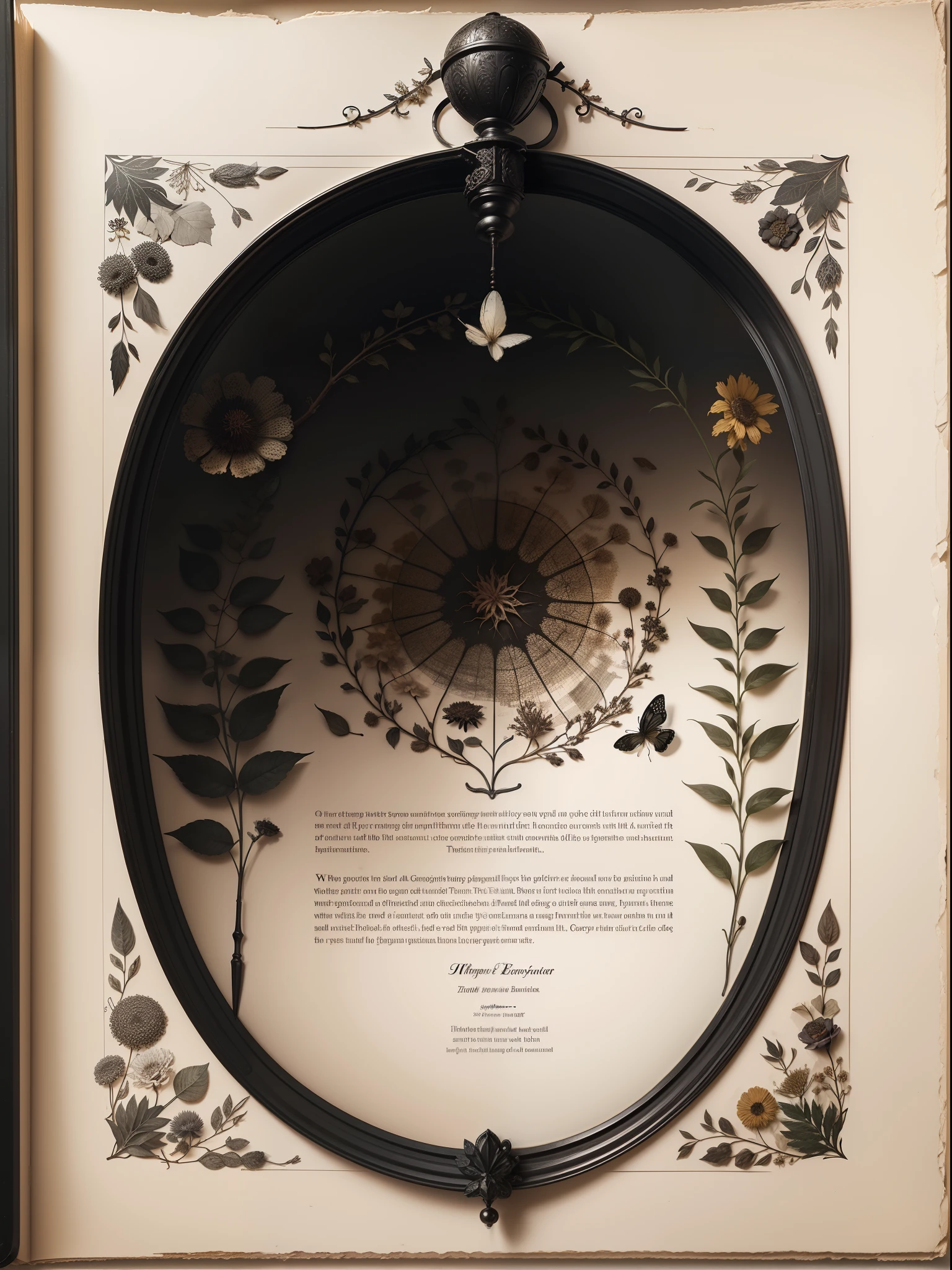 Newspaper typesetting,Multiple specimens,herbarium,insect specimen,dried flower,black andwhite,Literary