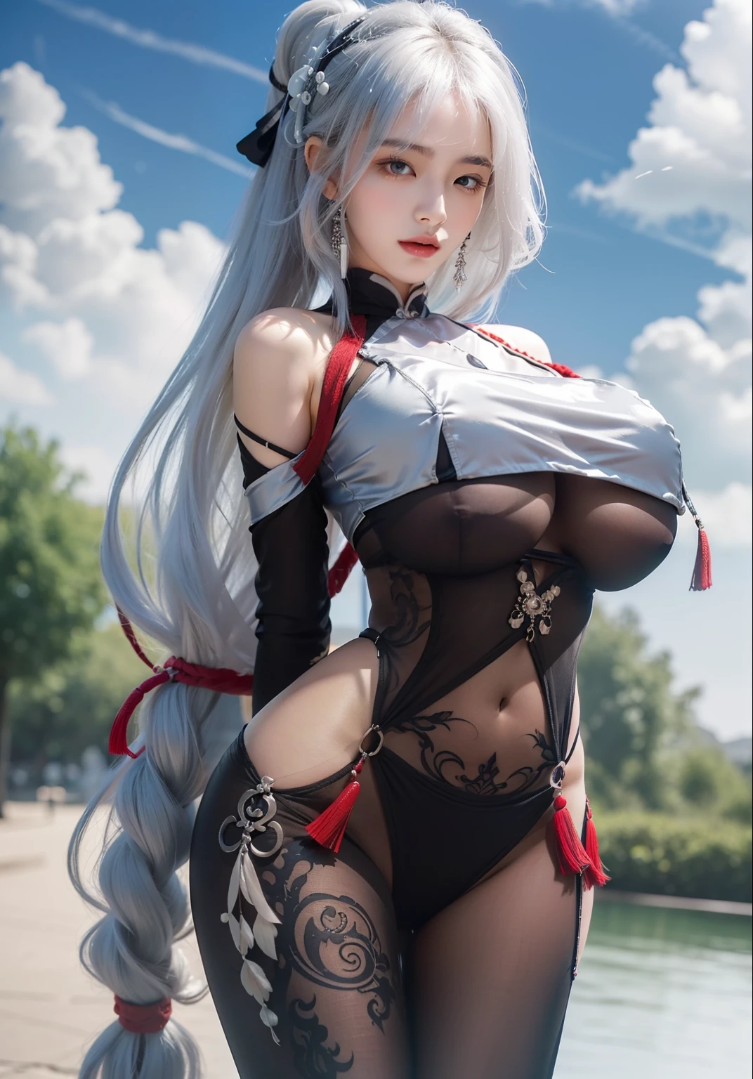 best qualityer,fotorealistisch,23 years old Chinese style girl,sliver long hair,Twist braids,Silver bangs cover the eyes,Exquisite headdress,Ink-style silk cloth covers the breasts,Sheer stocking jumpsuit,ssee-through,impossible bodysuit,Black silk tights,Red Chinese knot ornaments,Plump body,Large chest and thin waist,with fair skin,His face turned red,Black transparent stockings,Slim navel,Plump thighs,with blue sky and white clouds