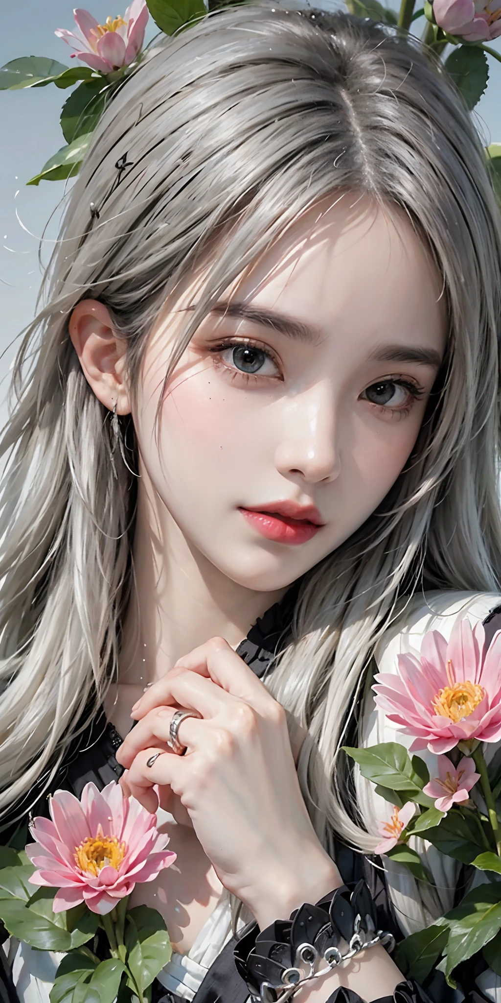 1girl, solo, waist up, from above, (zentangle, mandala, tangle, entangle), (flower blossom:1.2) official art, unity 8k wallpaper, ultra detailed, aesthetic, masterpiece, best quality, photorealistic, white hair