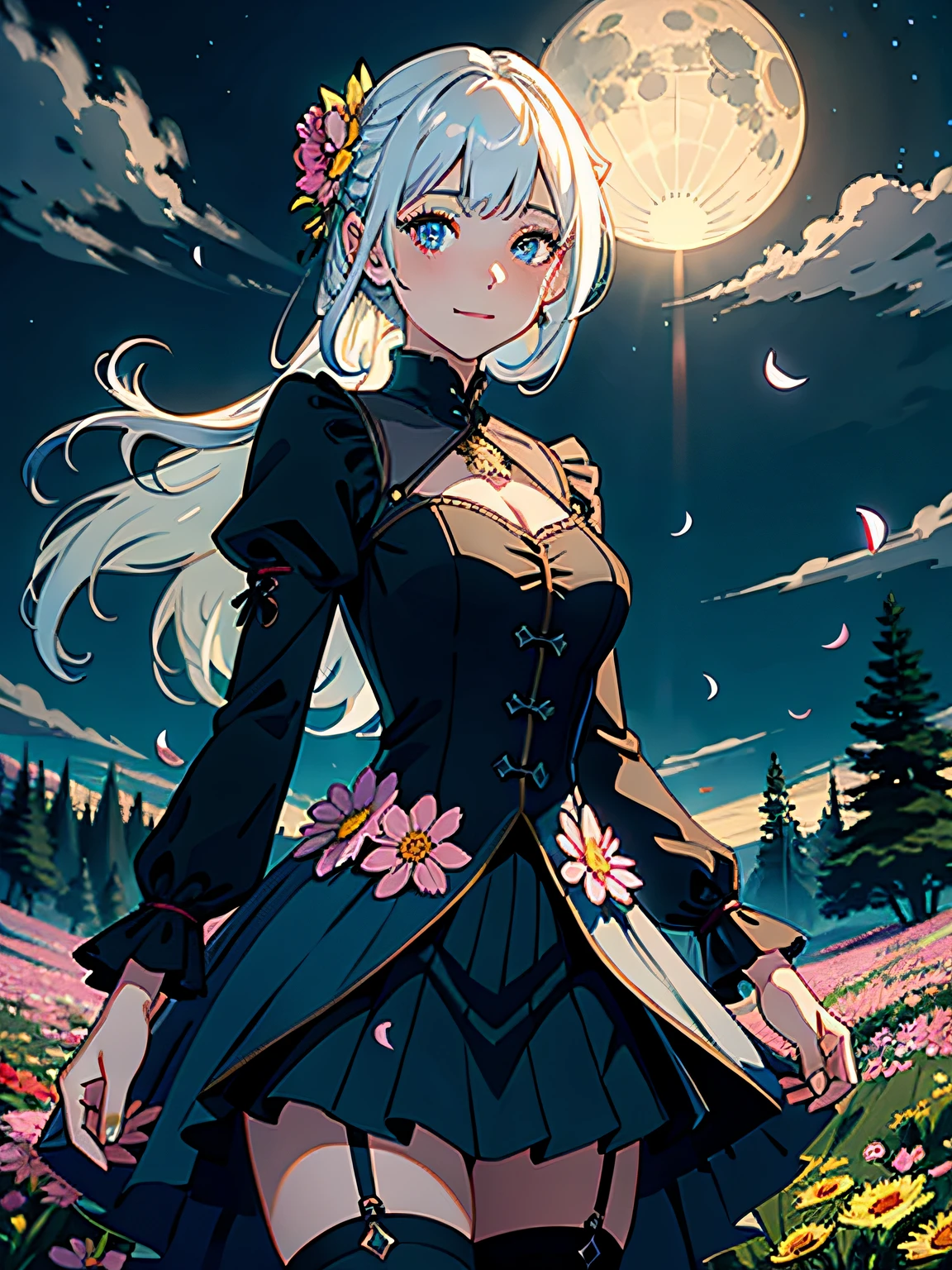 masterpiece, best quality, 1girl, (colorful),(delicate eyes and face), volumatic light, ray tracing, bust shot ,extremely detailed CG unity 8k wallpaper,solo,smile,intricate skirt,((flying petal)),(Flowery meadow) sky, cloudy_sky, moonlight, moon, night, (dark theme:1.3), light, fantasy, windy, magic sparks,white hair, black castle,