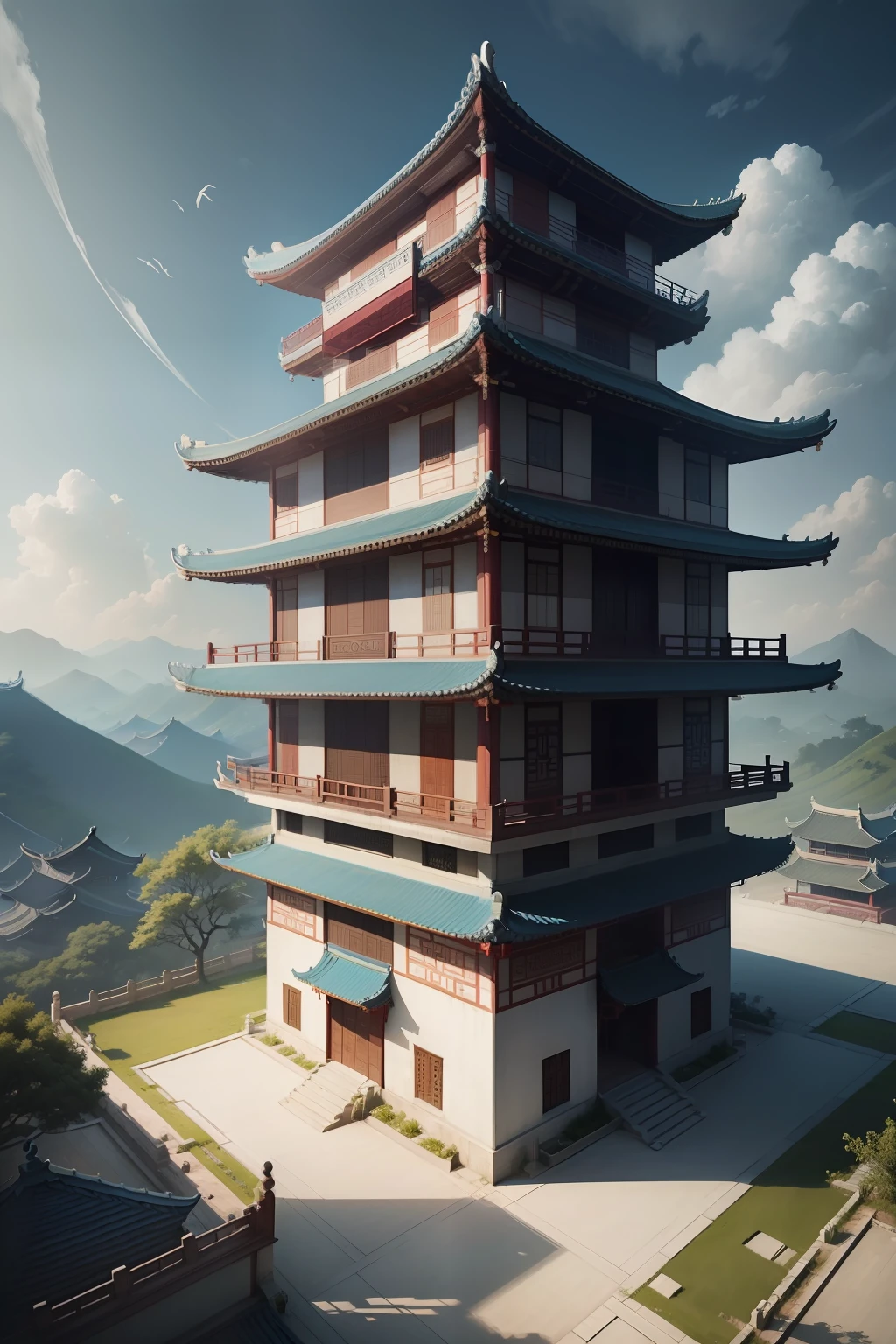 There is a view，Blue-white tones，Longitudinal structure，The picture shows a complete four-story Chinese-style building，The whole picture should be inked，Ancient poetry