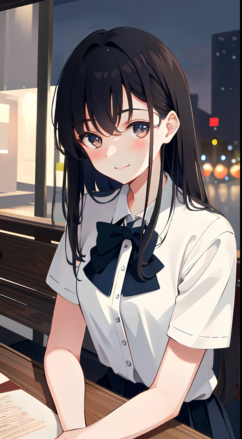 8K, Best Quality, Masterpiece: 1.2) , Super Detail, 1 Girl, Cute, Indie, Beautiful Details Sky, Detail Cafe, Evening, Sit Down, Dating, (Nose Red) , Sweet Smile, (Smile: 1.15) , (Shut Up) Small Tits, Small Beautiful Detail Eyes , Night, Wet, School Uniform, Long Hair, Flowing Hair,