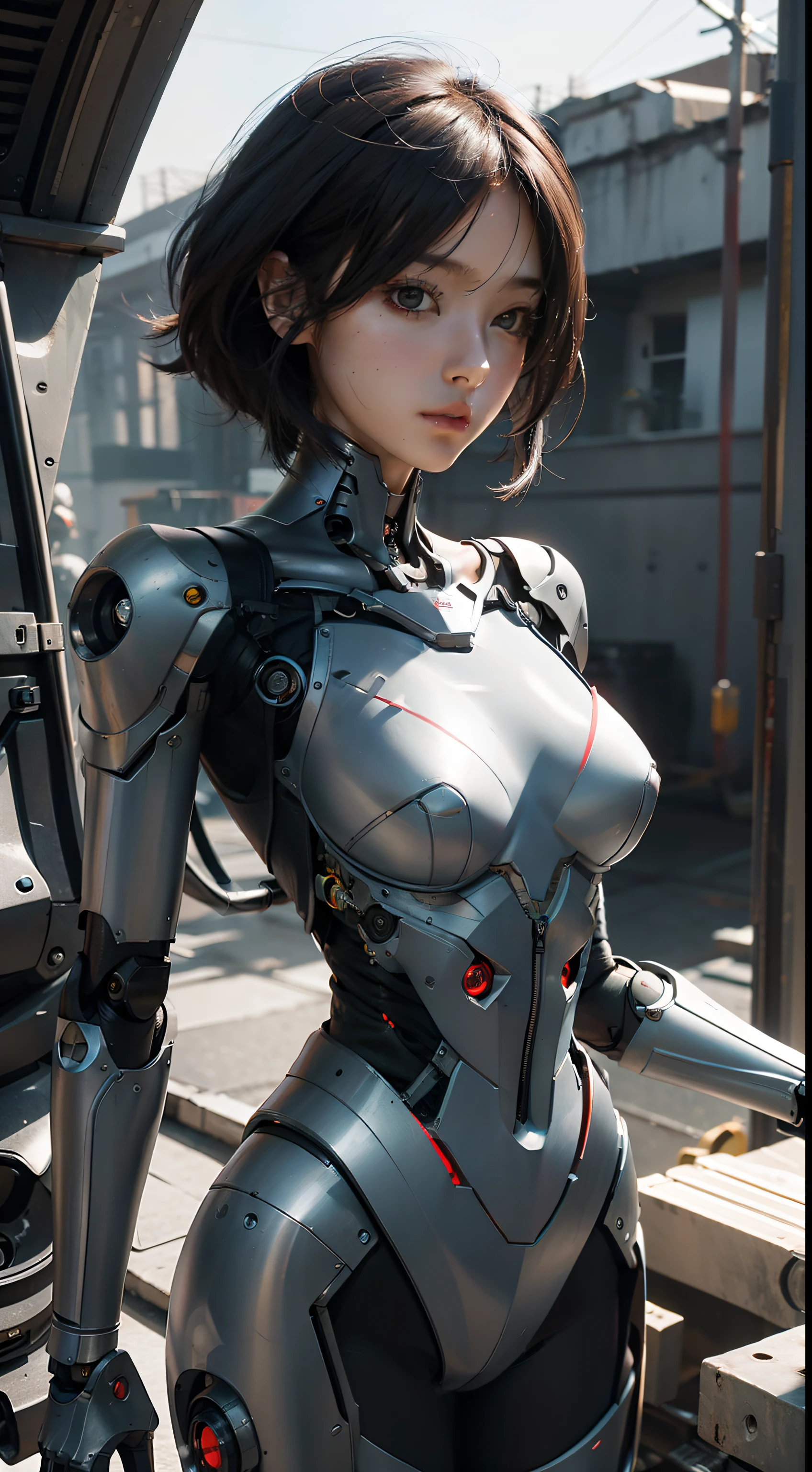 A robot girl，severed limbs，Chest penetration，Exposed mechanical structure，prosthesis，flying Posture