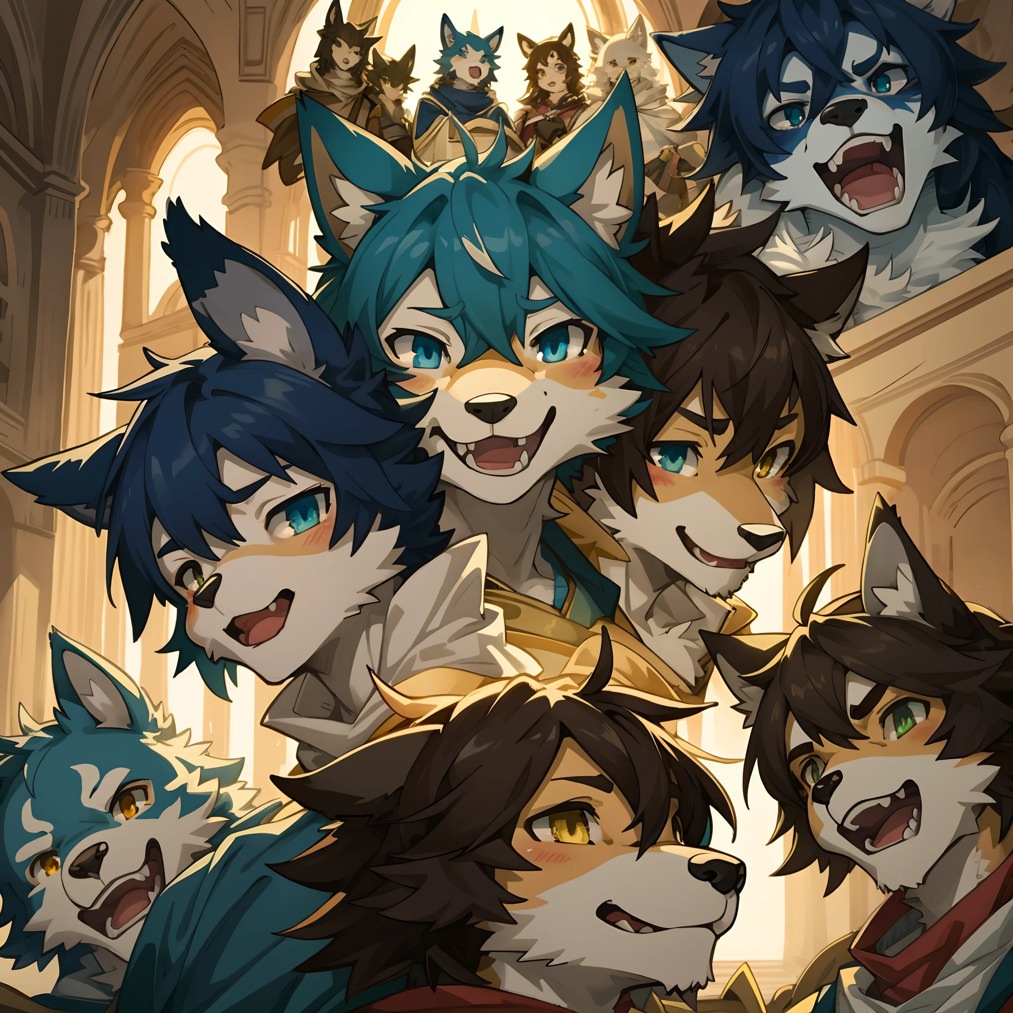 top quality, best quality, High-quality illustrations, masterpiece, super high resolution, detailed background, Judas Iscariot, 6+boys, 6+girls, absurdres(highly detailed beautiful face and eyes)perfect anatomy, expression, good lighting, cinematic shadow(kemono, furry anthro)assorted poses, dynamic angle,