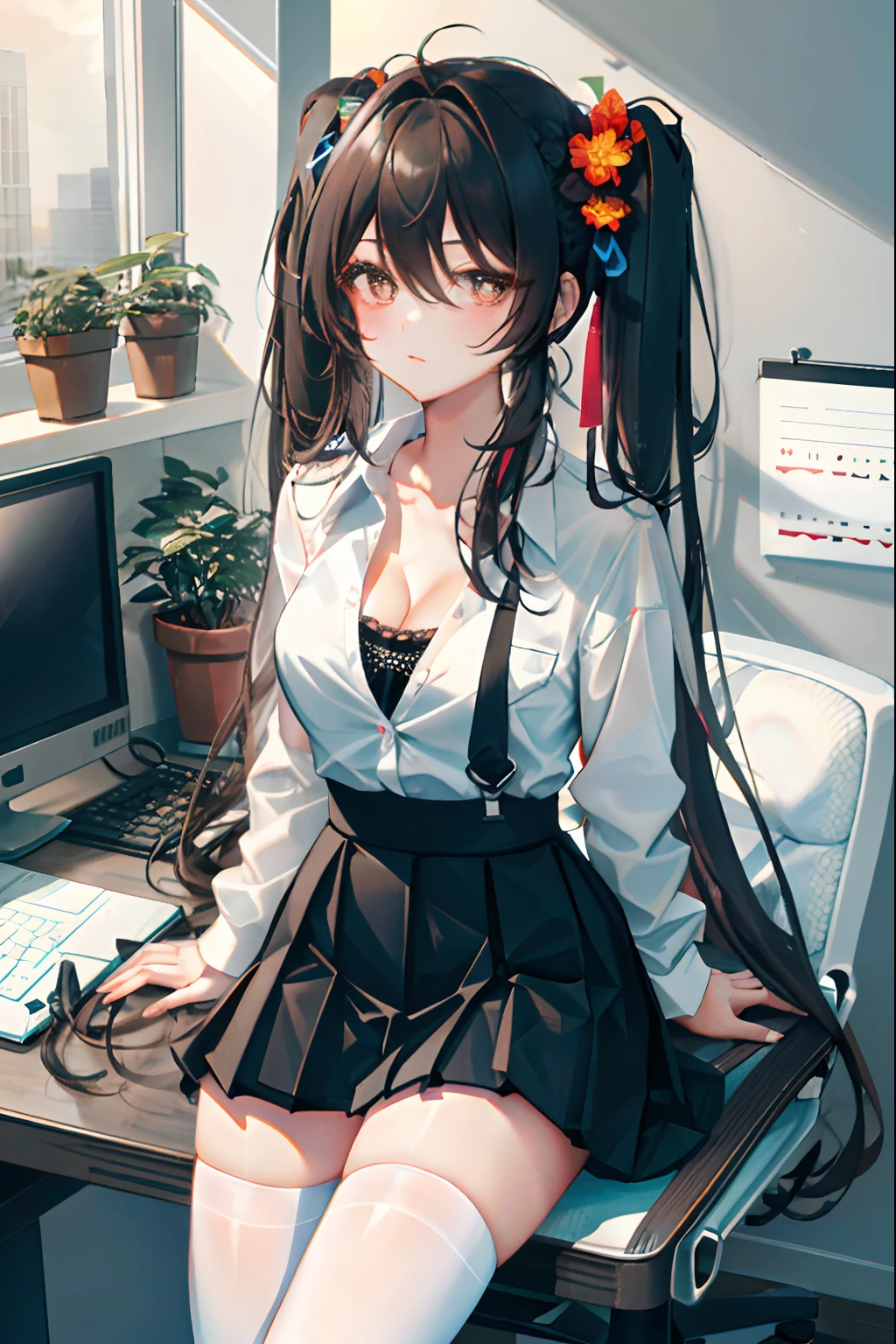 Hu Tao, 1girl, solo, ((white shirt)), black thighhighs, breasts, cleavage, uniform, office background, black skirt, pleated skirt, office, hair between eyes, brown eyes, flower pupils, medium breasts, long hair, looking at viewer, Black hair, brown short nails, solo, thighhighs, thighs, very long hair, ((masterpiece)), sitting, chair, desk, computer on desk, name tag, id tag, indoor, blush, sexy pose, ((long twintail)),