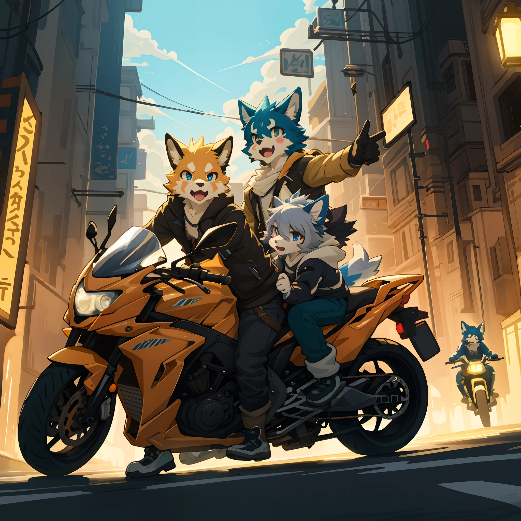 top quality, best quality, High-quality illustrations, masterpiece, super high resolution, detailed background, Touring by motorcycle, 6+boys, 6+girls, absurdres(highly detailed beautiful face and eyes)perfect anatomy, expression, good lighting, cinematic shadow(kemono, furry anthro)assorted poses, dynamic angle,