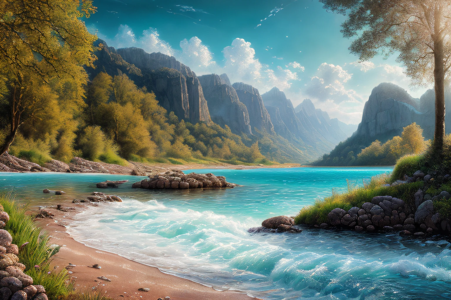 paysage, eau cristalline, (Extremely detailed CG Unit 8k wallpaper), World's most beautiful work of art, Professional majestic oil painting, complexe, High detail, mise au point nette, dramatique, Photorealistic painting art