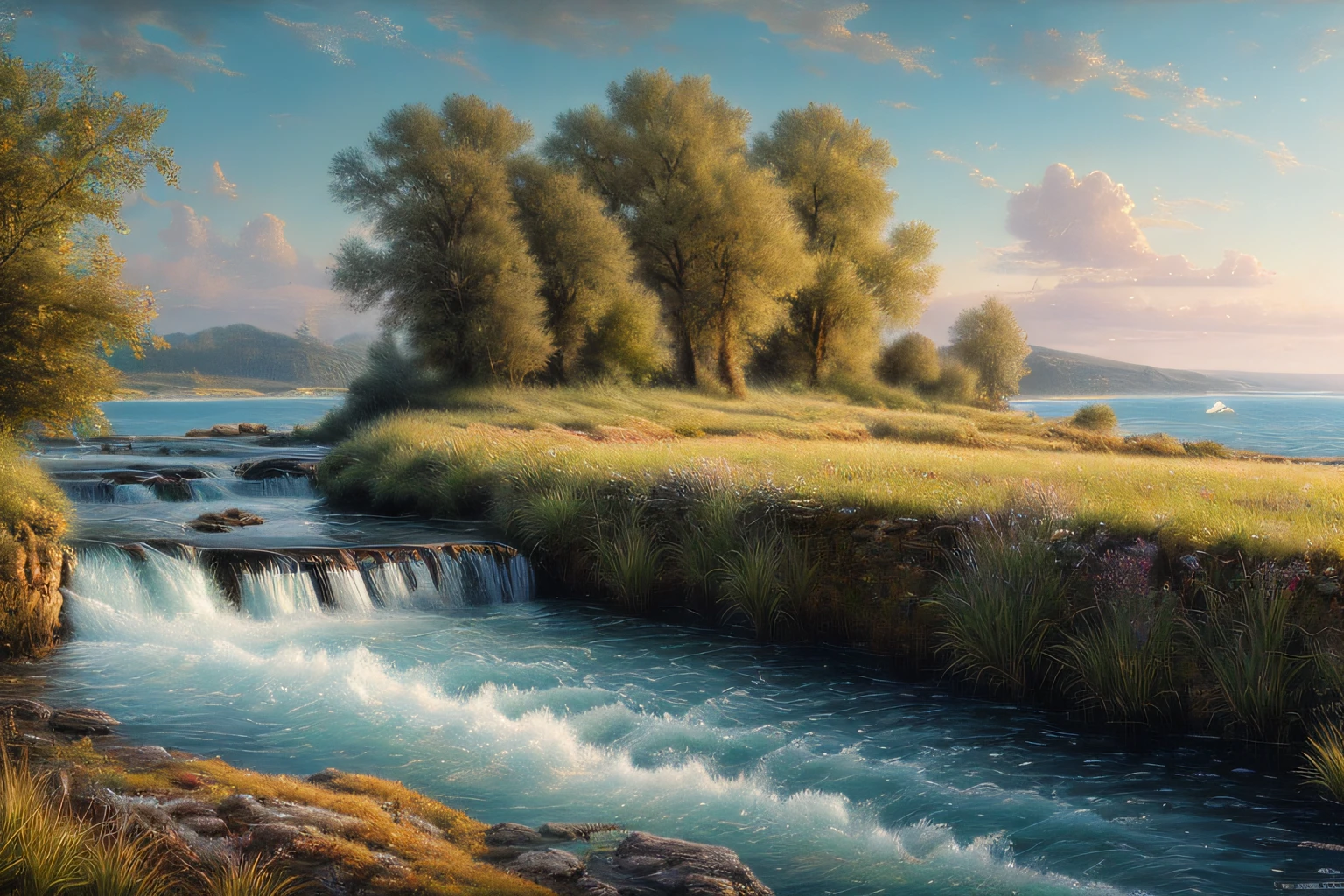 paysage, eau cristalline, (Extremely detailed CG Unit 8k wallpaper), World's most beautiful work of art, Professional majestic oil painting, complexe, High detail, mise au point nette, dramatique, Photorealistic painting art