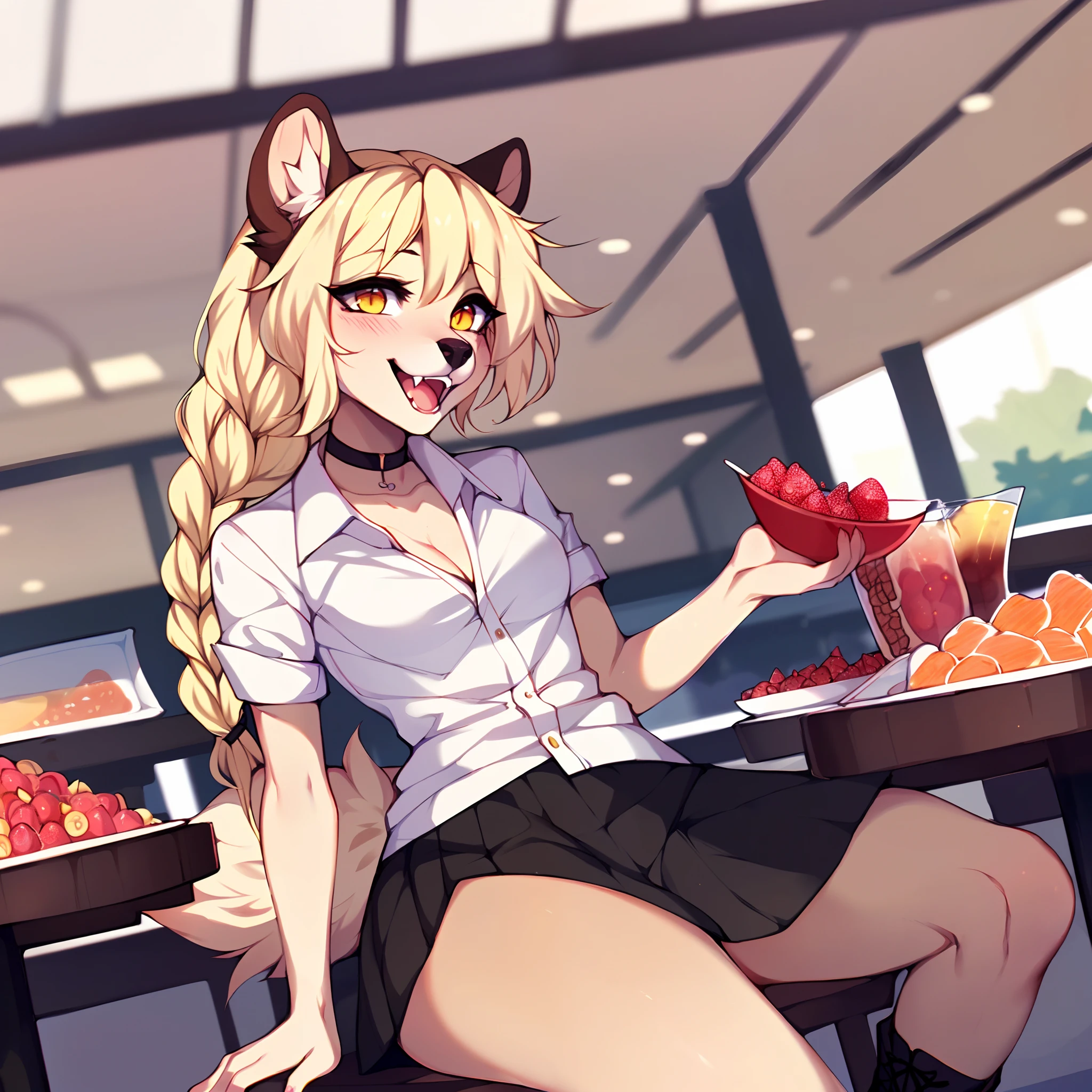 (By hyattlen, by fumiko, by claweddrip):1.2, solo, one girl, a cute tan anthro furry hyena girl, female, fluffy brown ears, (tan_fluffy_body:1.1), black nose, luminescent yellow eyes, (cute_snout:1.1), fluffy tail, long blonde hair, sharp big canine teeth, French braided hair, small breasts, wearing white button up shirt, long black skirt, combat boots, at a food court, sitting at a table, (tons_of_junk_food_in_front_of_her:1.3), big_wide_mouth:1.2, eyes wide open, 5 fingers, looking excited, ecstatic,