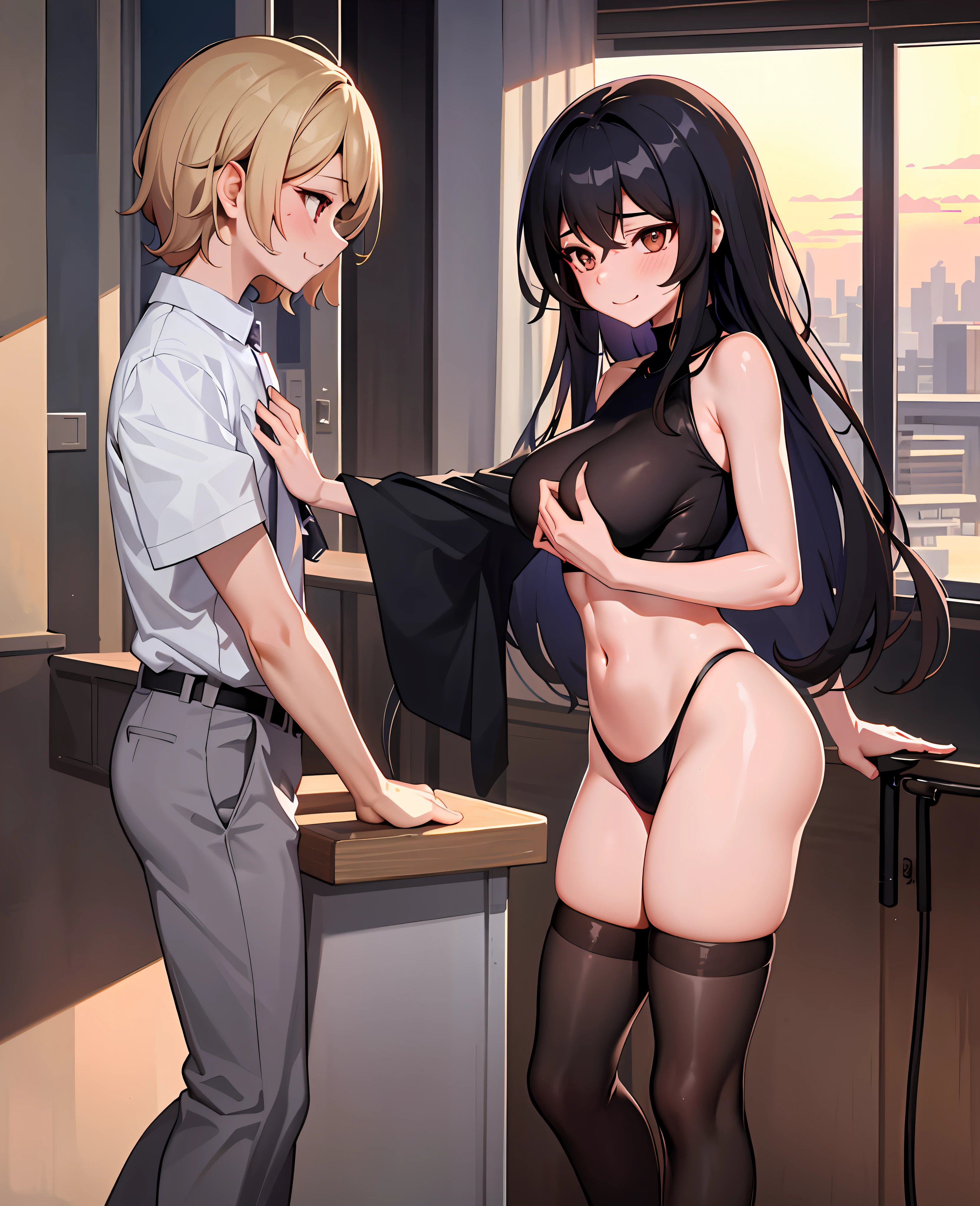 tmasterpiece,best qualtiy,(1 faceless boy:1.3),(The boy scratches his chest:1.1),1个Giant Breast Girl。(校服:1.2),cabelos preto e longos,with brown eye,(Classroom:0.8),(the sunset:0.7),(Extra-large breasts:1.4),(Sad smile:0.8)