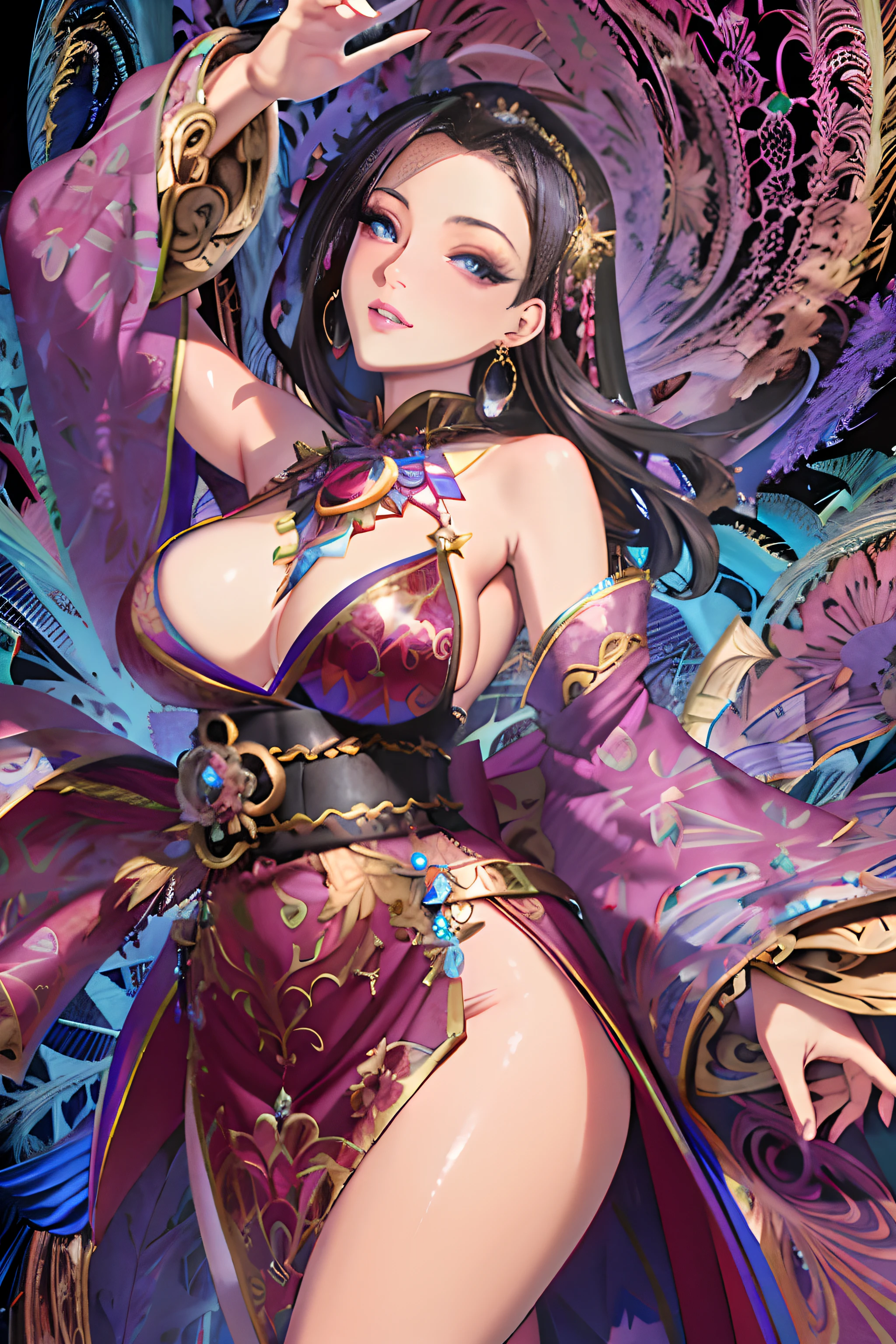 Araki woman in purple dress，Take a fan and a fan, Extremely detailed Artgerm, a beautiful fantasy empress, ! Dream art germ, ((a beautiful fantasy empress)), full-body xianxia, Art germ. anime illustration, by Yang J, highly detailed exquisite fanart, high detailed official artwork, artgerm colorful!!!