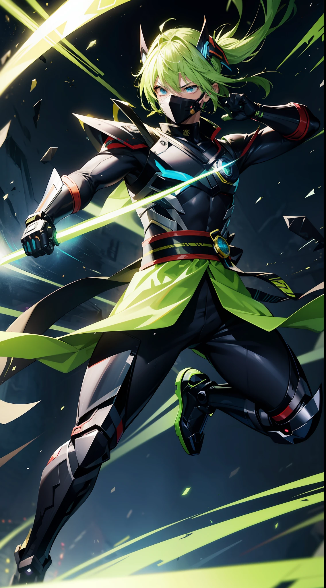 tokusatsu hero、Energy Drinks、Transformation Belt、One man、cyberpunked、ninjartist、Clear contours、realisitic、Electromechanical、Armor、Ninja、shuriken、Throwing countless shurikens、Acrobatic regime、Neon Street、Vivid Color、alleyway、masks、Full-face, mechanical mask、Bright green is the theme color、Shadows are vivid colors、Vivid color on the conductor、Vivid color aura、Luminous Eyes、Cool、near future、Transformation Belt、A shuriken motif transformation belt is wrapped around his waist、Mechanical Cyber Ninja、Flying shurikens、10 shurikens flying around the screen、The trajectory of the shuriken is represented in vivid color.、
