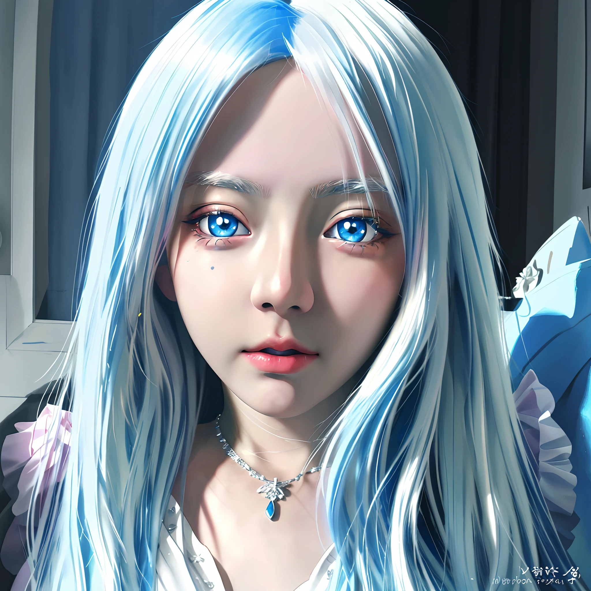 Anime girl with blue eyes and white hair wearing a necklace, Detailed digital anime art, A beautiful artwork illustration, detailed portrait of an anime girl, a beautiful anime portrait, Beautiful digital illustration, Digital art on Pixiv, detailed anime art, Anime fantasy illustration, Beautiful digital artwork, Art germ. High detail, Exquisite digital illustration, stunning digital illustration, Stunning anime face portrait