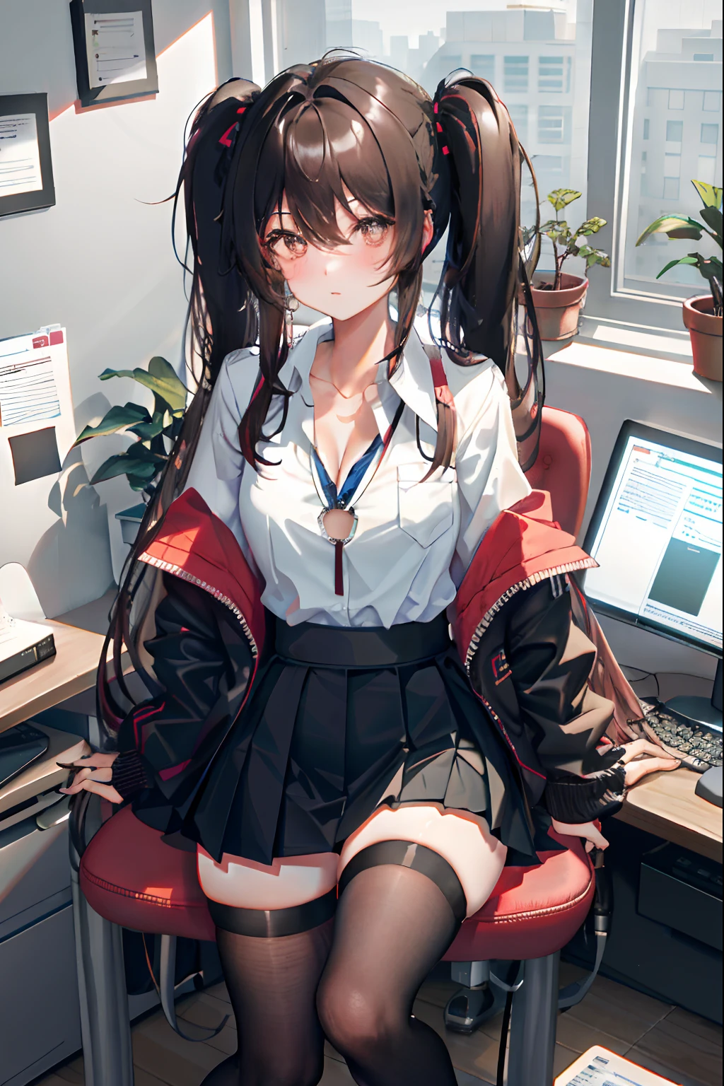 Hu Tao, 1girl, solo, ((white shirt)), black thighhighs, breasts, cleavage, uniform, office background, black skirt, pleated skirt, office, hair between eyes, brown eyes, flower pupils, medium breasts, long hair, looking at viewer, Black hair, brown short nails, solo, thighhighs, thighs, very long hair, ((masterpiece)), sitting, chair, desk, computer on desk, name tag, id tag, indoor, blush, sexy pose, ((long twintail)),