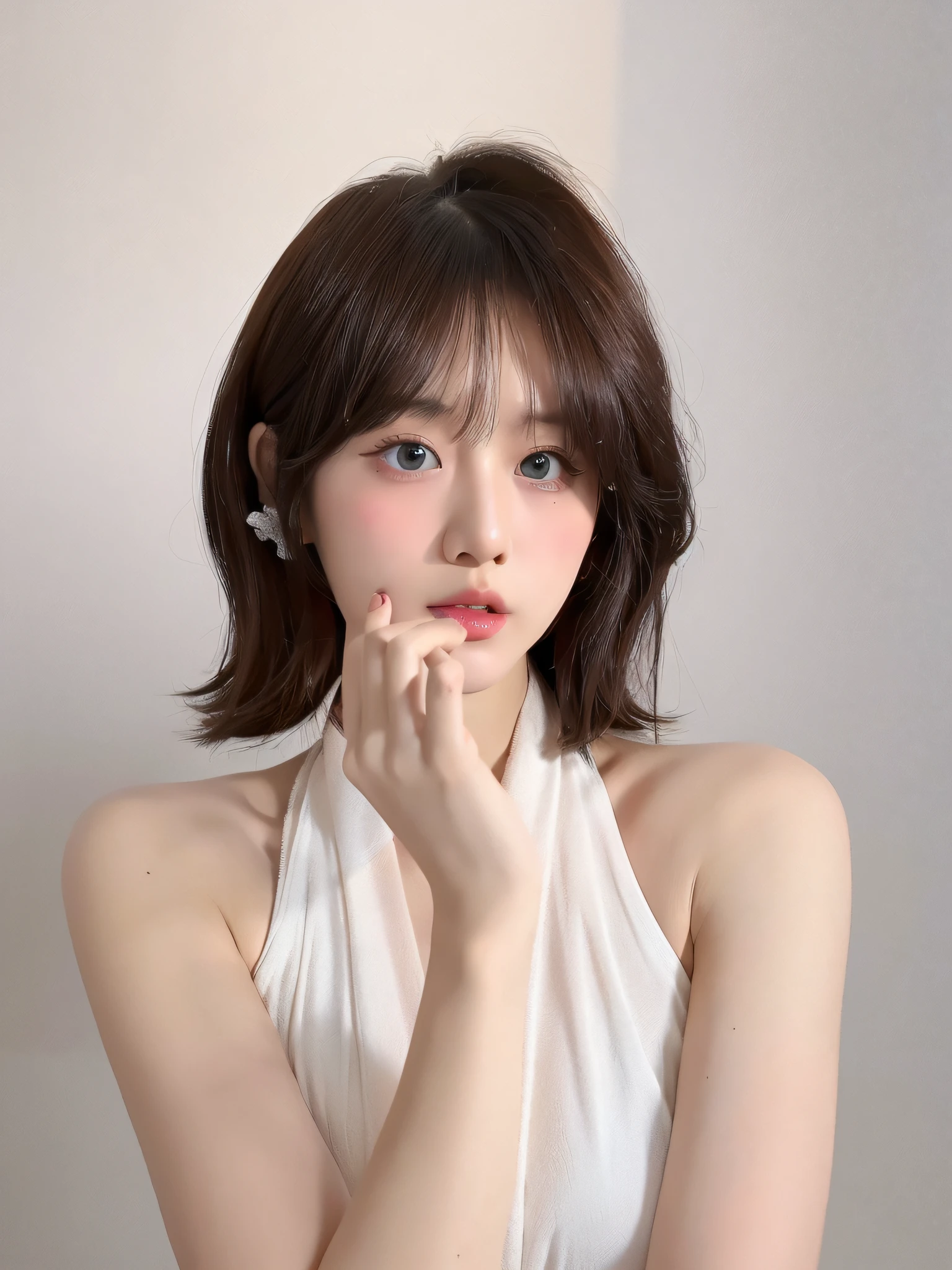 there is a woman with a white dress posing for a picture, ulzzangs, popular korean makeup, Popular Korean makeup, with short hair, sakimichan, white hime cut hairstyle, Shin Jinying, young lovely Korean faces, wan adorable korean face, with cute doting eyes, with glowing red eyes, Choi Hyun-hwa, portrait of female korean idol，high qulity