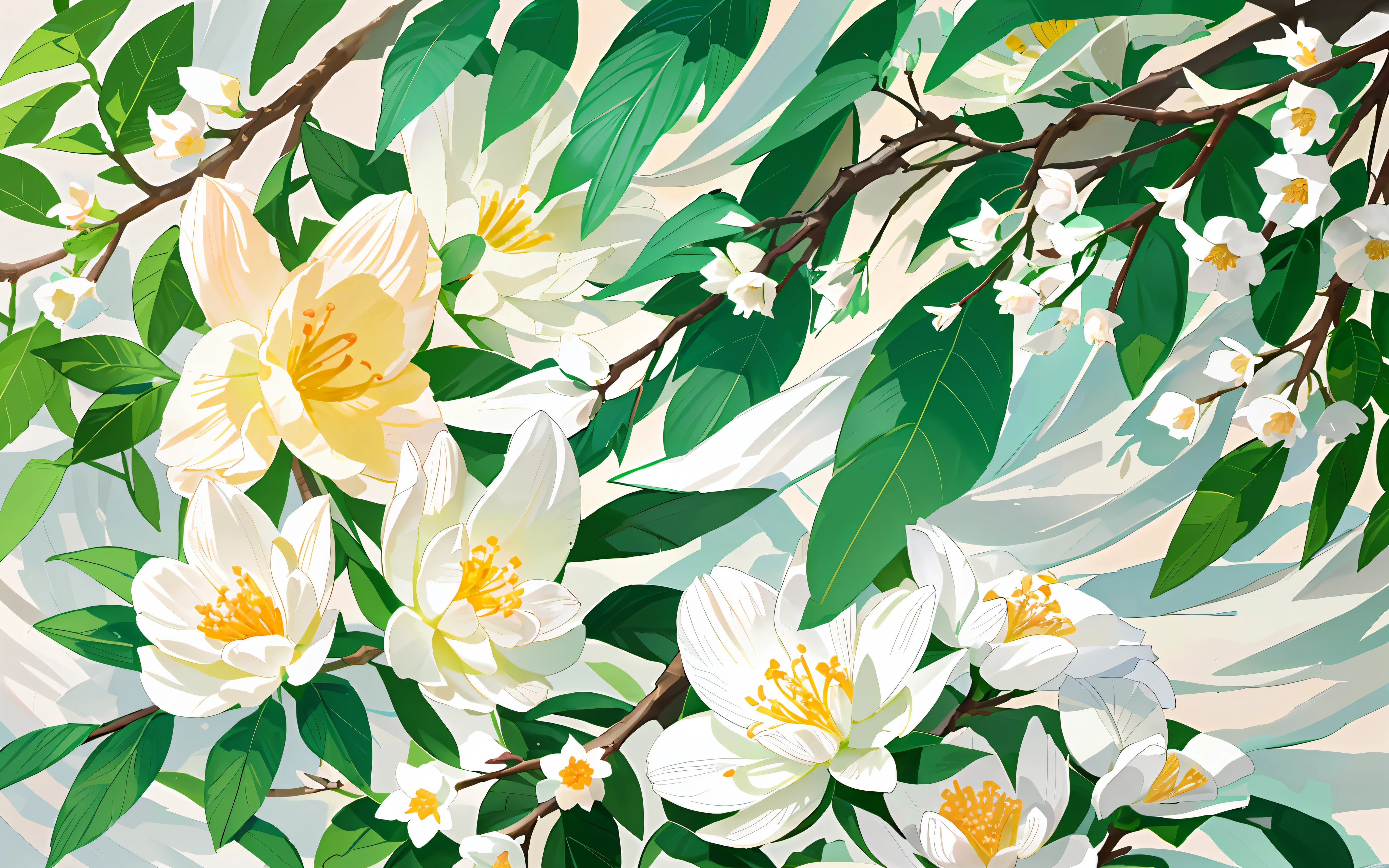 There are many white flowers on the branches, green leaves, fragrant plants, blooming flowers, flowers and leaves, grapefruit flowers, blossoming buds, flowers, white flowers, flowers grow from its head, in a piece of Chinese wind and landscape, amazingly beautiful, flowers grow from the body,