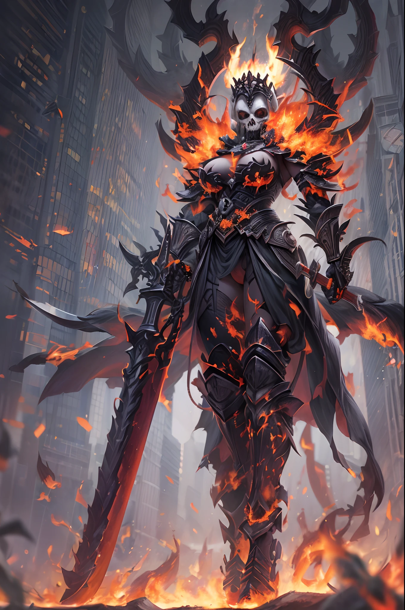 (low angle view:1.5), (full body:1.5),1 Female Demon Warrior, skull, black armor, (holding a flaming sword:1.4), Skeletal ram horns crown, Flame Shoes, Dynamic Digital Painting, (Bokeh:1.5),masterpiece, super detailed, epic composition, highest quality, 4K