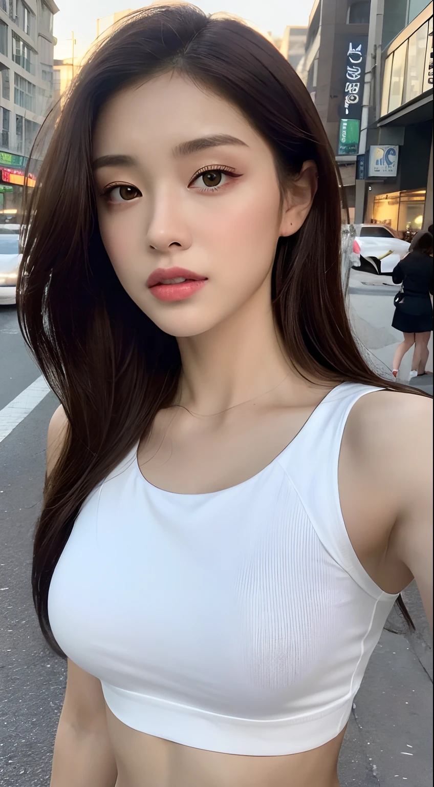 ((Realistic lighting, Best quality, 8K, Masterpiece: 1.3)), Clear focus: 1.2, 1girl, Perfect Figure: 1.4, Slim Abs: 1.1, ((Dark brown hair)), (White crop top: 1.4), (Outdoor, Night: 1.1), City streets, Super fine face, Fine eyes, Double eyelids,