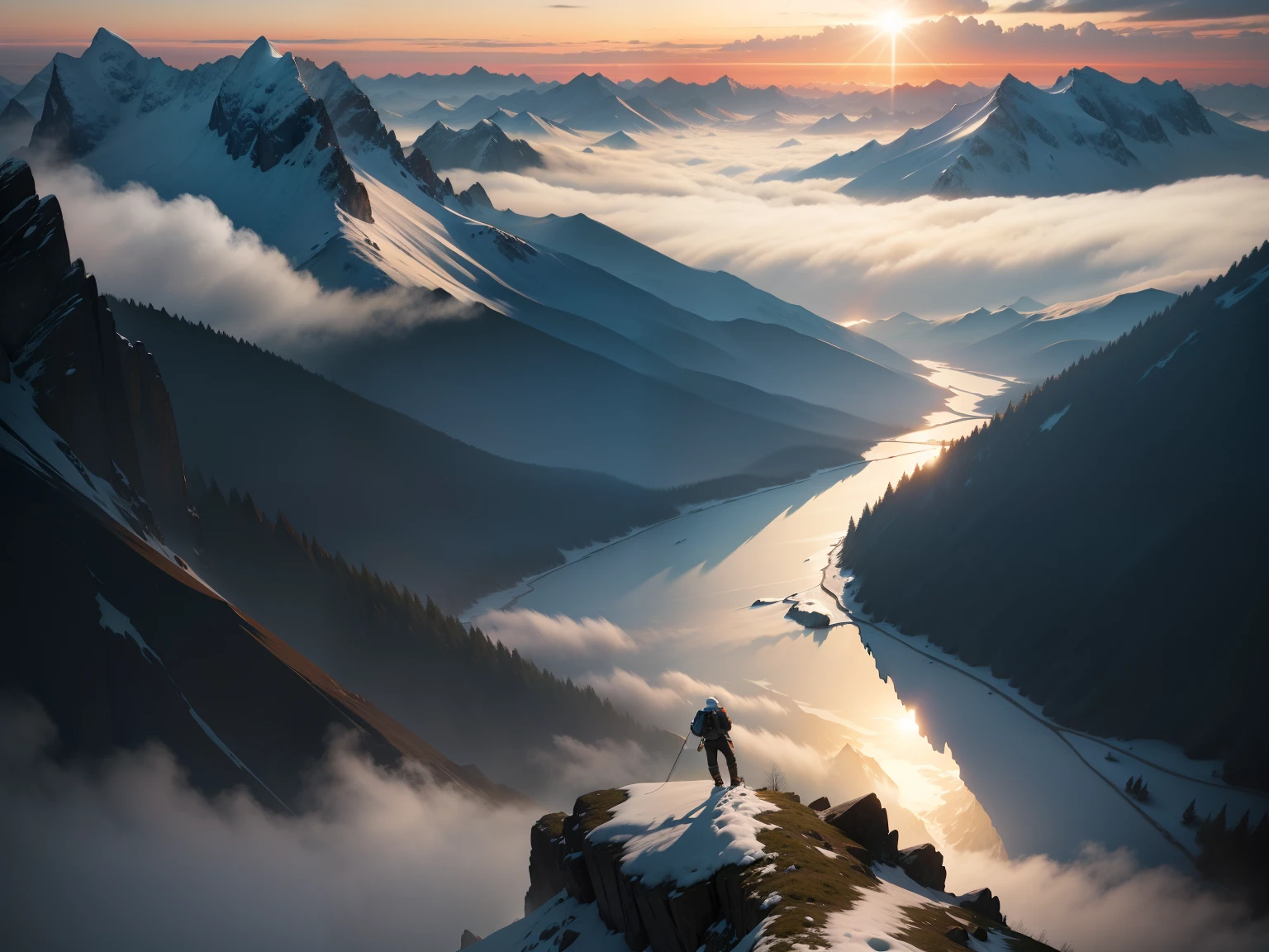 snow mountains,sunraise,A climber,back,ultra-wide-angle