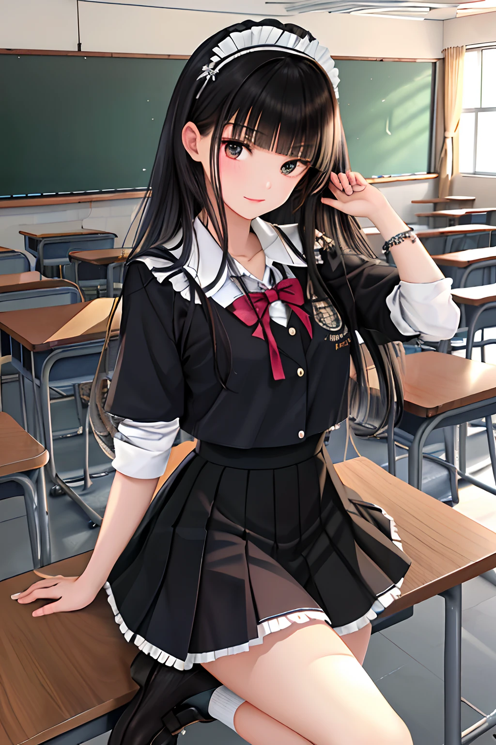 Masterpieces,Best quality,1girll,Long hair,Black hair,Blunt bangs,side locks,school uniform,Collar,Short frilled skirt,Cowboy shot:p,Tsundere,(tareme:1.2),hair adornments,shoes,Classroom, blackboards,