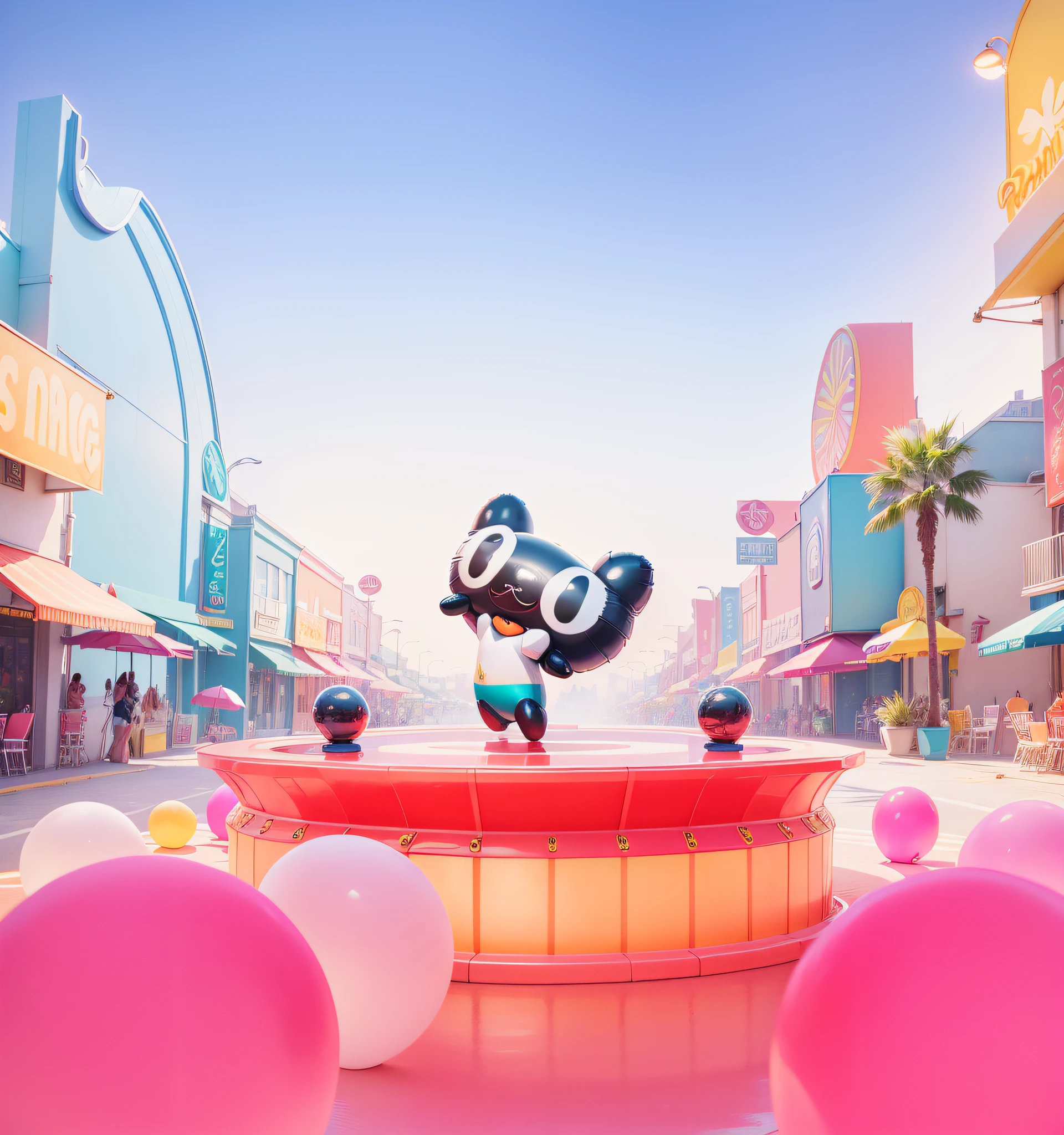 Paradise world/Carnival City，3Drenderingof,Dopamine Mood Paradise，Summer carnival style，Lovely and sophisticated building，shop，Premium texture，high-class details，Studio lights，stage，balloons，streamers，Tmall