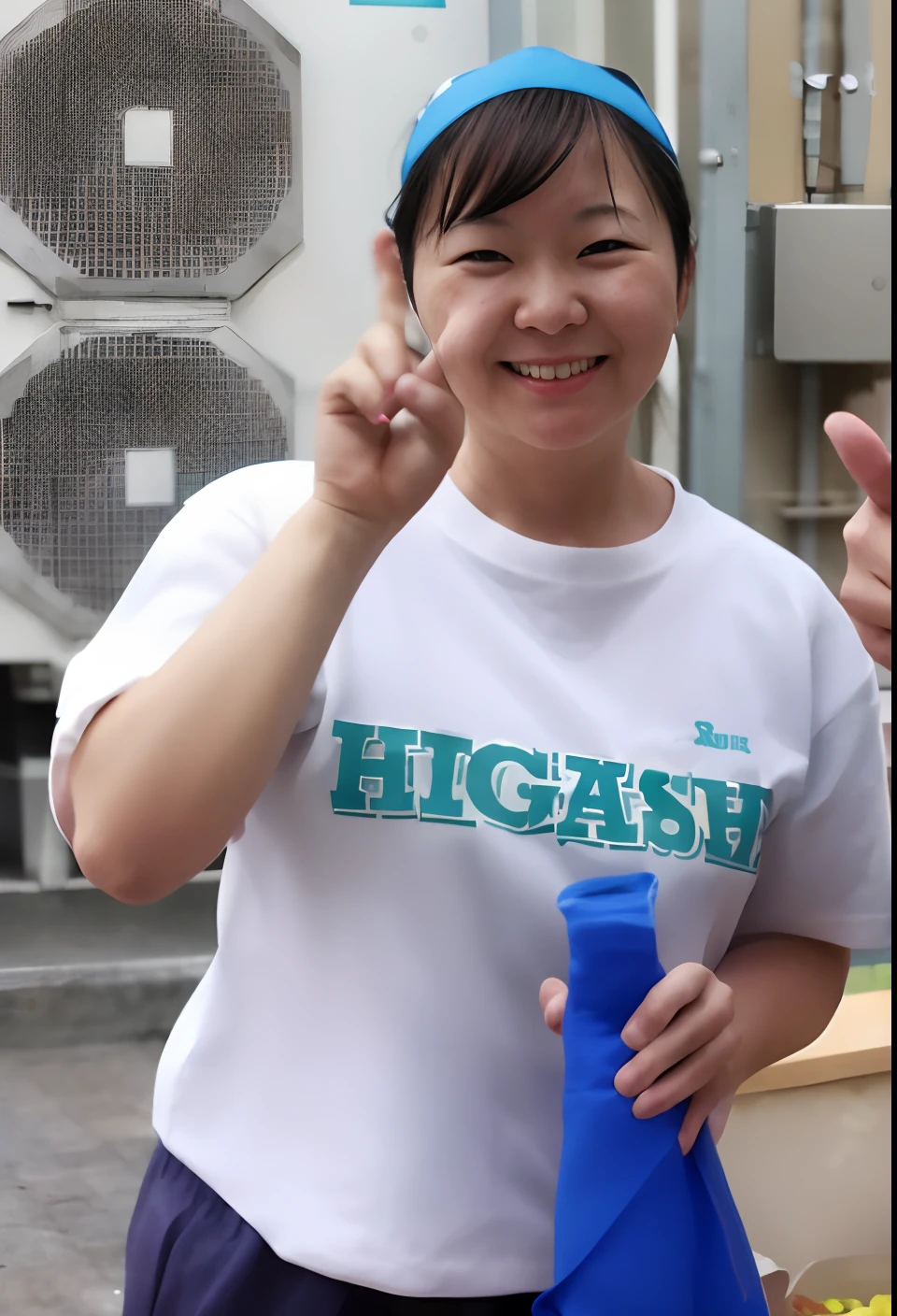 There is a woman holding a blue object in her hands, chiho, hisashi eguchi, hight detail, nishimiya shouko, tsukasa hojo, hiyao miyazaki, hikari, nishihara isao, japanese high school, Hisashi, huge smile, Chiho Ashima, heavy gesture style closeup, detaileds