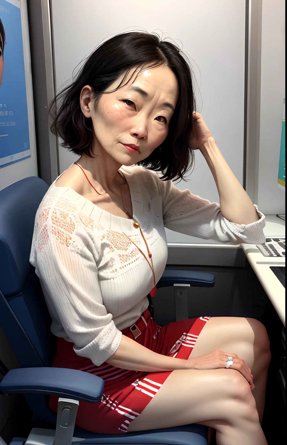 Thirty-eight-year-old woman，mature，Three-dimensional facial features，sitting down，Head up，bite lips，比基尼，浴室，Facial