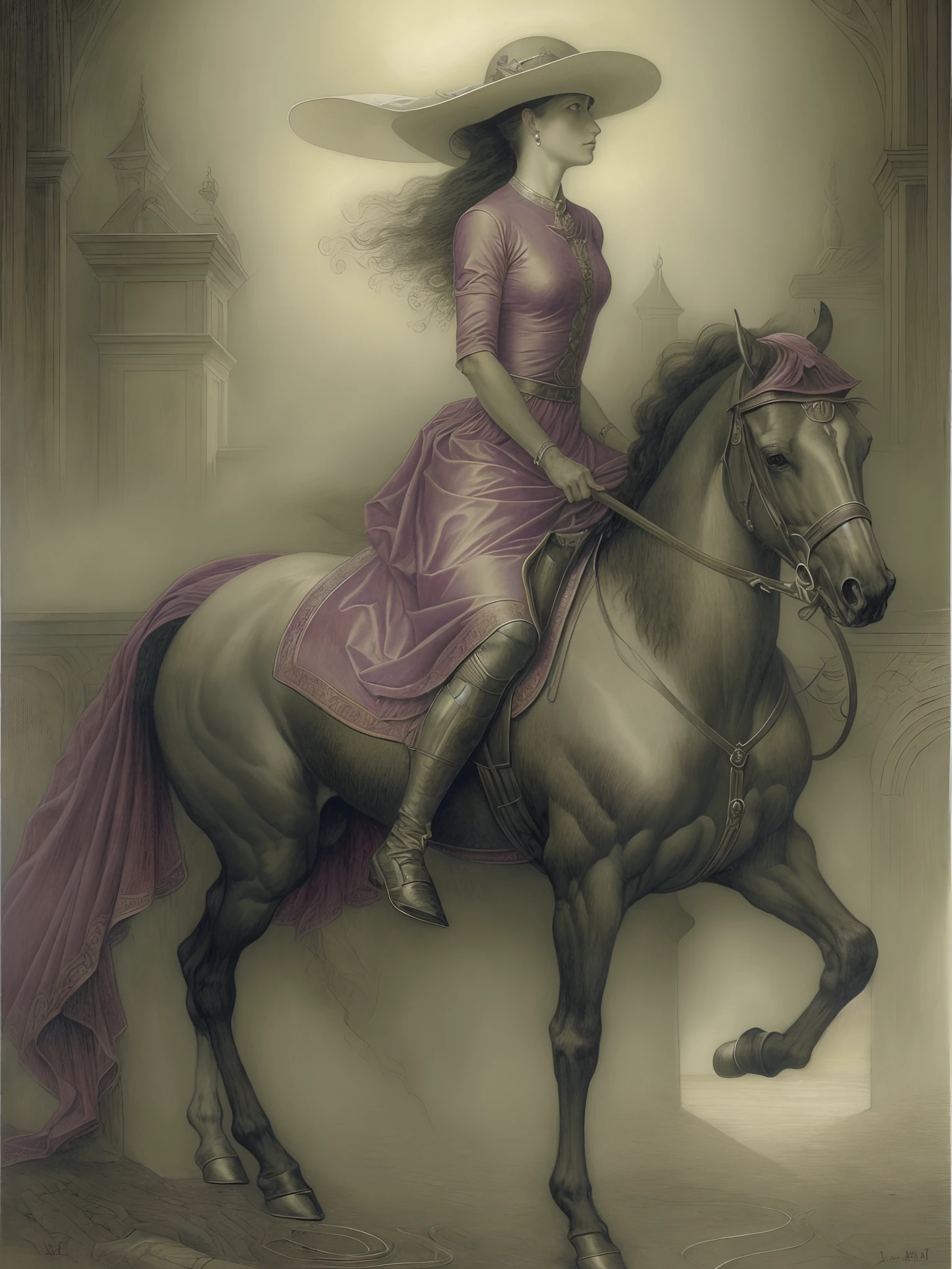 (Best Quality, tmasterpiece: 1.1), Lady on horseback, illustartion, improvisation, Complicated details, chilling, excitement, Hyper-realistic, insanely detailed, ((Стиль Jean Delville)), --AR 3:4 --s 750