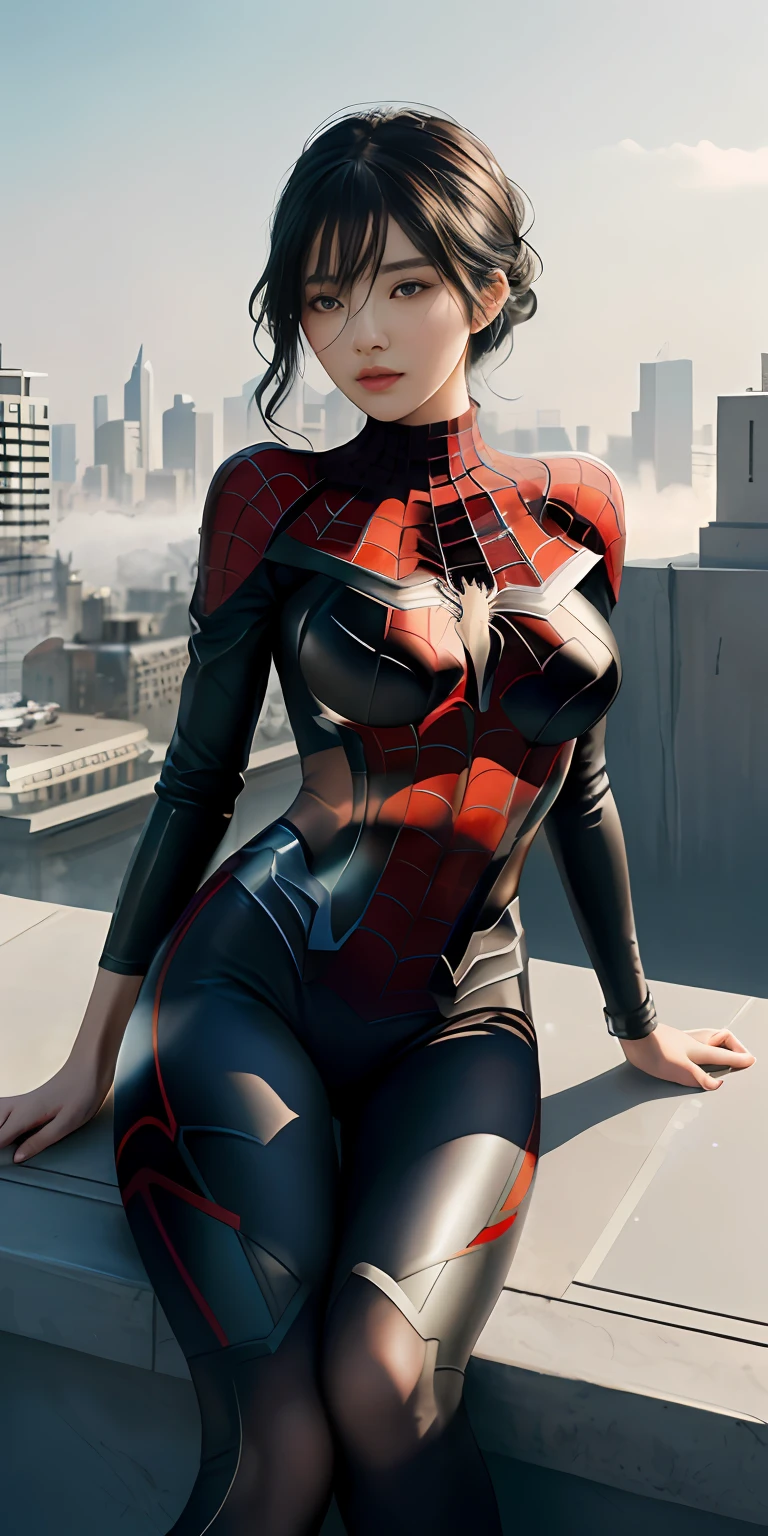 (1girl:1.3), 独奏, (((very vey very detailed face))),((very detailed eyes and faces))),beatiful detailed eyes,Body parts__,offcial art,Unified 8k wallpaper,ultra-detailliert,Beautiful and beautiful,big breasts beautiful,tmasterpiece,best qualtiy,primitive,tmasterpiece,ultra fine photos,best qualtiy,超高分辨率,photorealistic realism,rays of sunshine,full-body portraits,stunningly beautiful,,dynamicposes,delicated face,vibrant eyes,Body curves,slim,wears glasses,The contrast is cute,shy,asiagirl,with short black hair(from the front side), She wears a Spider-Man tights suit,Red and black color scheme,arachne,Very detailed city roof background, Roof,looking over city,详细的脸,detailed complex busy background,untidy,opulent,milkyW,highly detailedskin,Realistic details of skin,Visible pores,Clear focus,volume fog,8k uhd,digital SLR camera,high qulity,filmgrain,White skin of the,photo-realism,lomography,A huge metropolis of the dystopia of the future, semi transparent