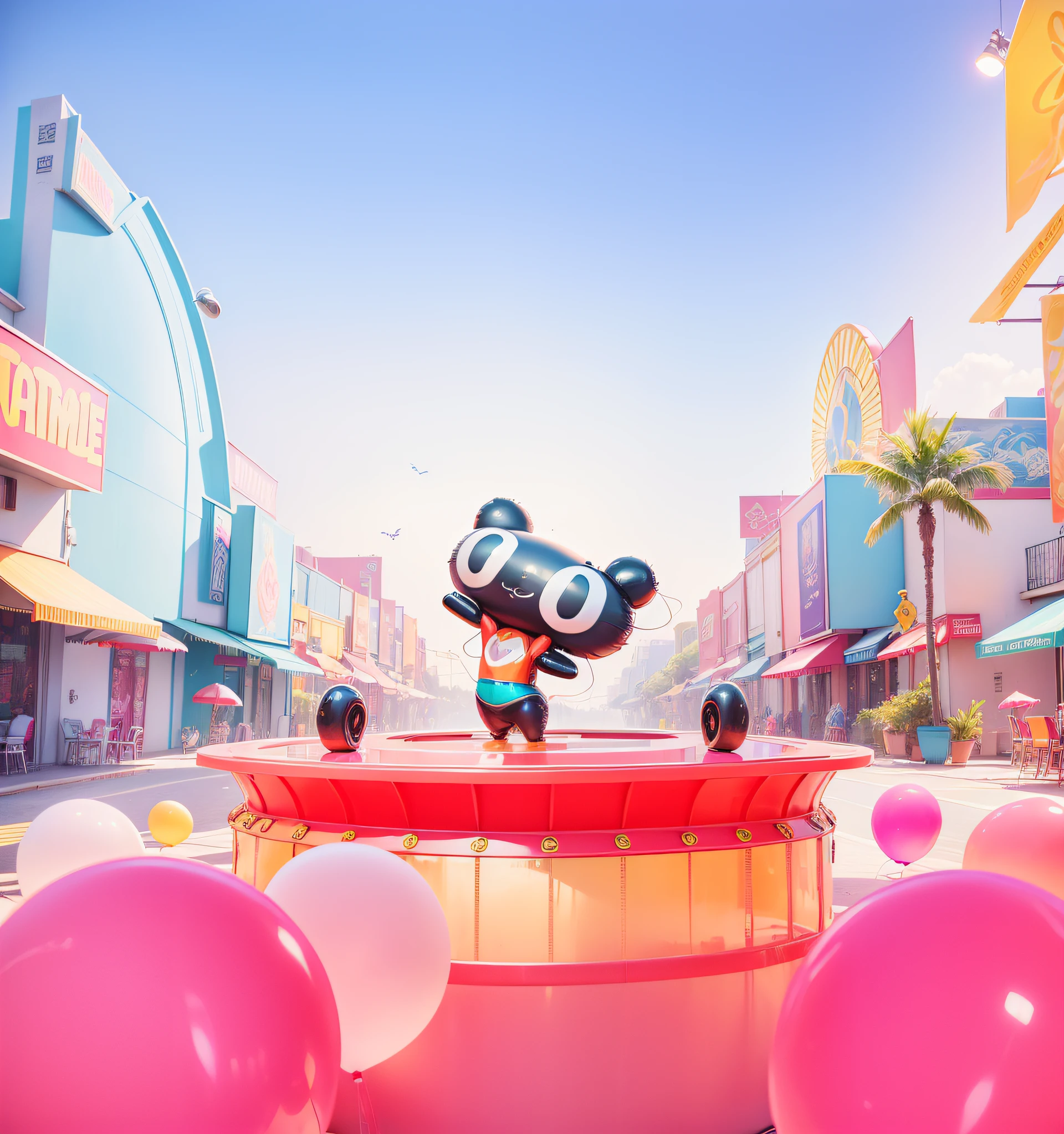 Paradise world/Carnival City，3Drenderingof,Dopamine Mood Paradise，Summer carnival style，Lovely and sophisticated building，shop，Premium texture，high-class details，Studio lights，stage，balloons，streamers，Tmall