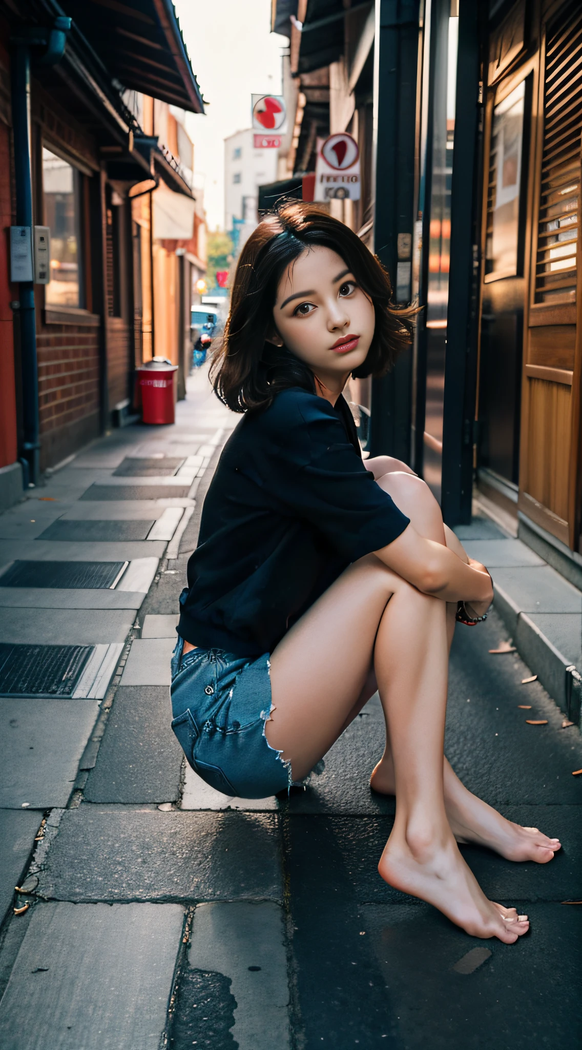 1girl, hugging own legs, on floor, street, alley, from side, looking at viewer,, masterpiece, best quality, highly detailed