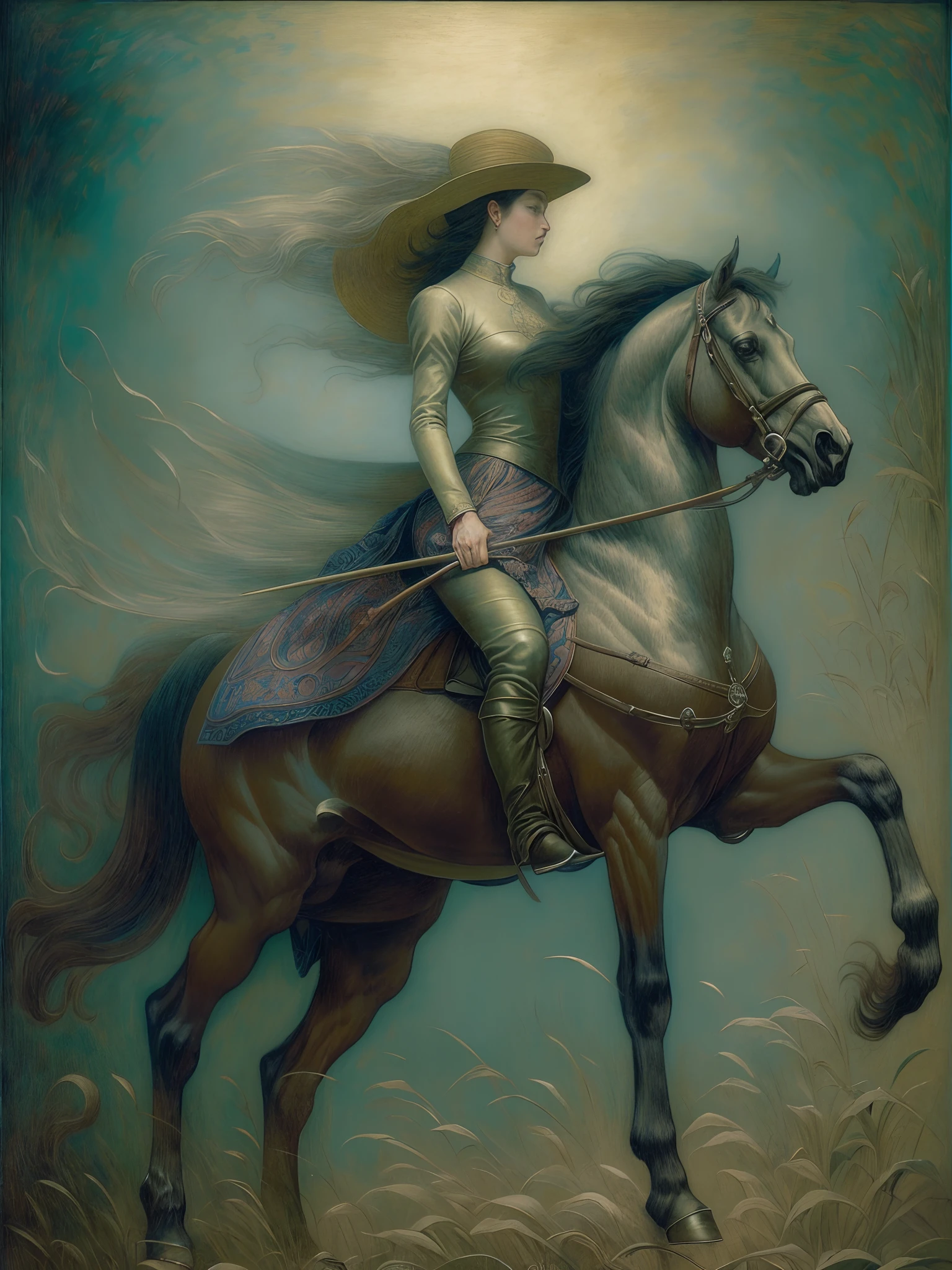 (Best Quality, tmasterpiece: 1.1), Lady on horseback, illustartion, improvisation, Complicated details, chilling, excitement, Hyper-realistic, insanely detailed, ((Стиль Jean Delville)), --AR 3:4 --s 750