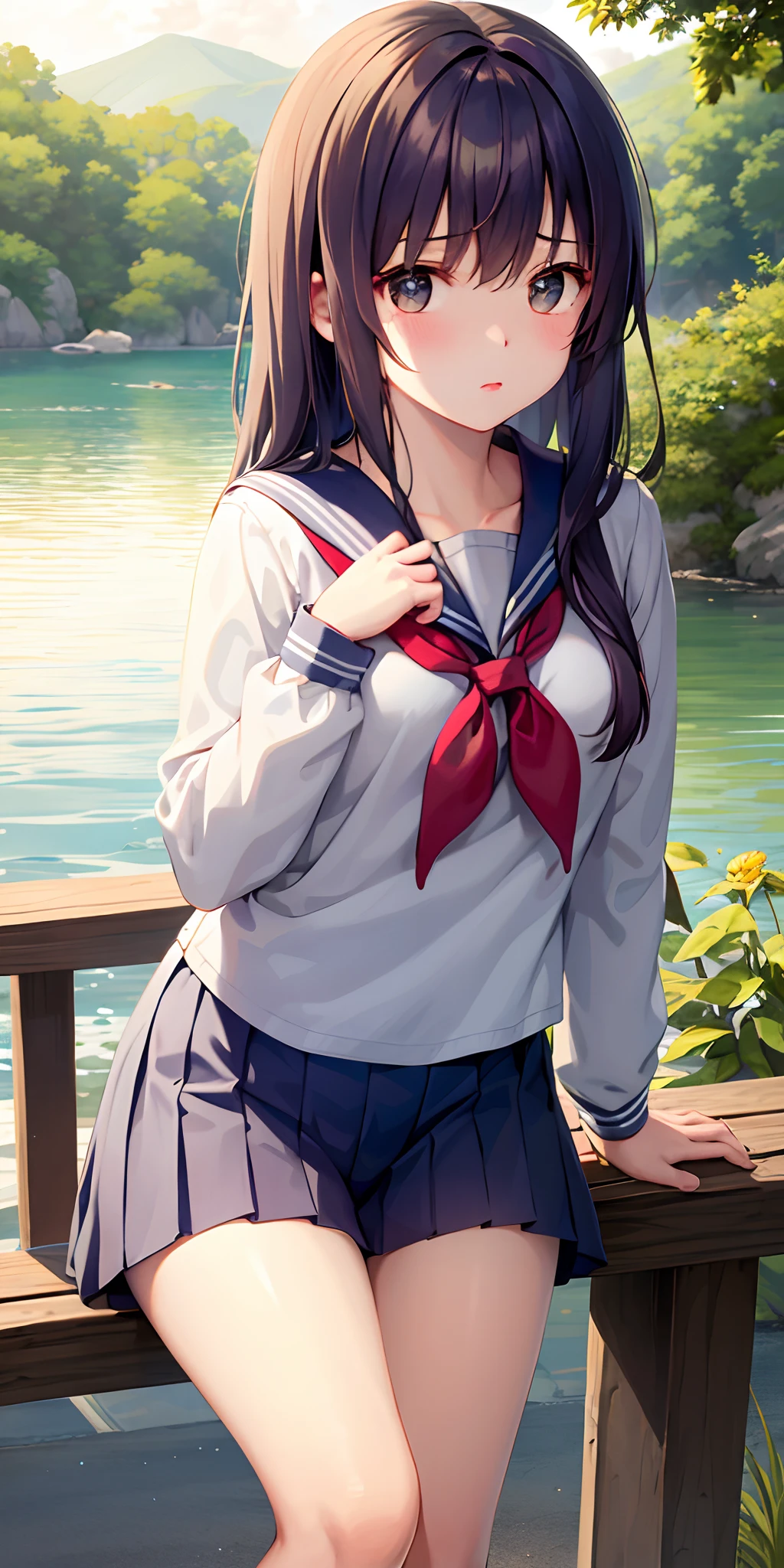 A girl in a sailor's suit sits on a standing wooden stick,Flushed face,Chest exposure