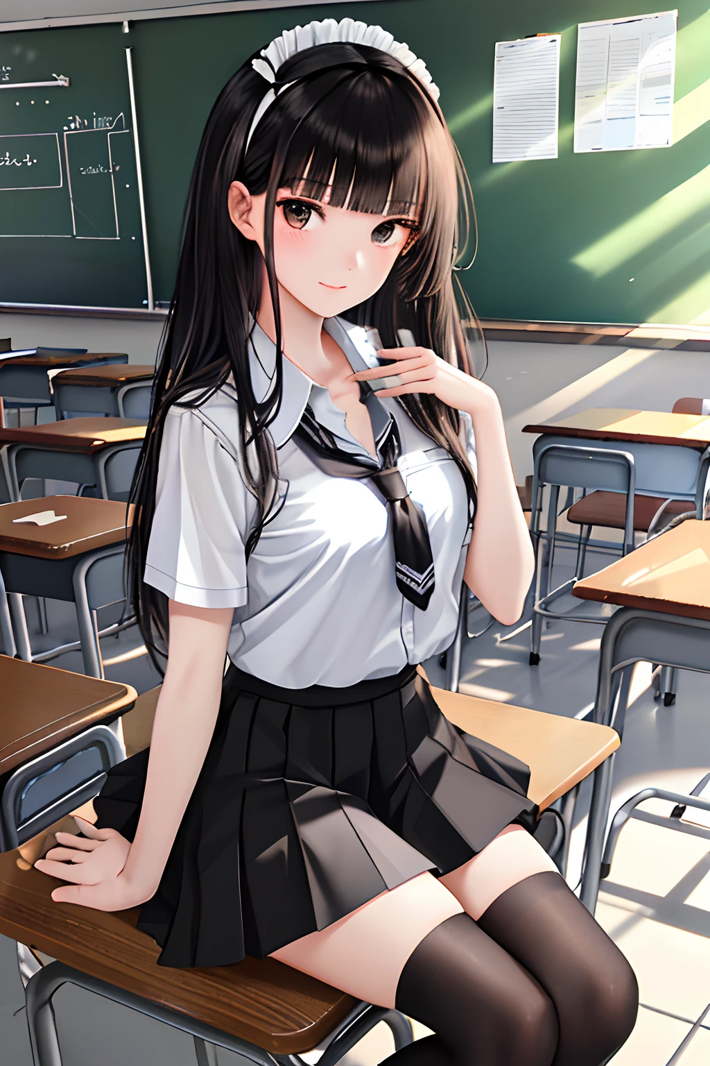 Masterpieces,Best quality,1girll,Long hair,Black hair,Blunt bangs,side locks,school uniform,Collar,Short frilled skirt,Cowboy shot:p,Tsundere,(tareme:1.2),hair adornments,shoes,Classroom, blackboards,