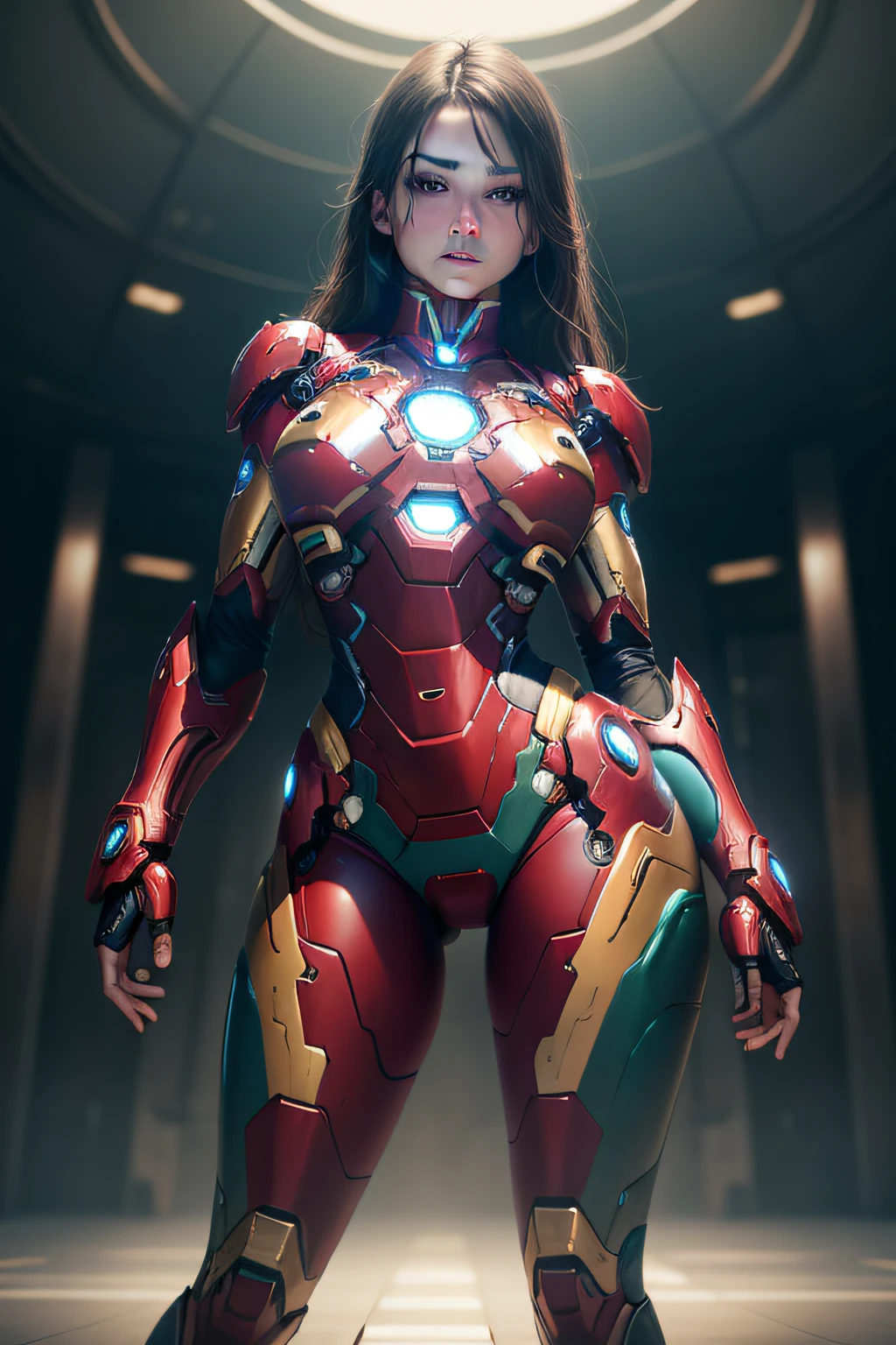 RAW, masterpiece, ultra fine photo,, best quality, ultra high definition, photorealistic, sunlight, full body portrait, stunningly beautiful, combat pose, delicate face, brilliant eyes, (front view,full body), she wears futuristic iron man mech, blue and yellow and green color scheme, highly detailed destroyed iron man background, detailed face, detailed and complex busy background, messy and gorgeous, Lush plump breasts, High Detail skin, Realistic skin details, Visible pores, Sharp Focus, Volumemetric Fog, 8K UHD, DSLR camera, High Quality, Film Grain, Fair Skin, Photorealism, Lomography, View from below, Translucent