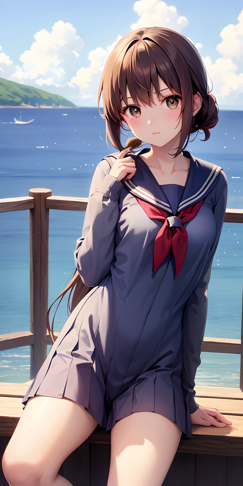 A girl in a sailor's suit sits on a standing wooden stick,Flushed face,Chest exposure