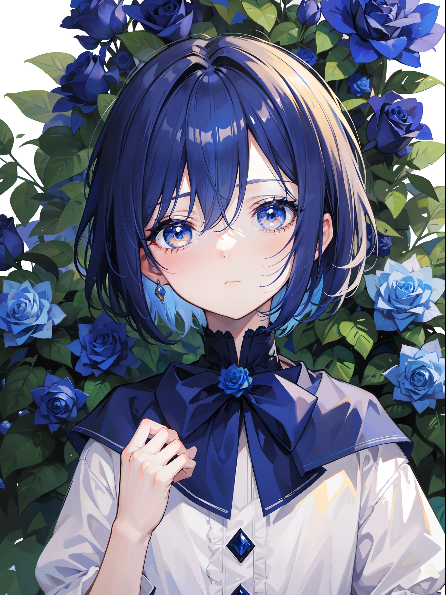 1 ,blue short hair,(Golden eyes),long eyelasher,Face portrait,Blue roses,Background garden