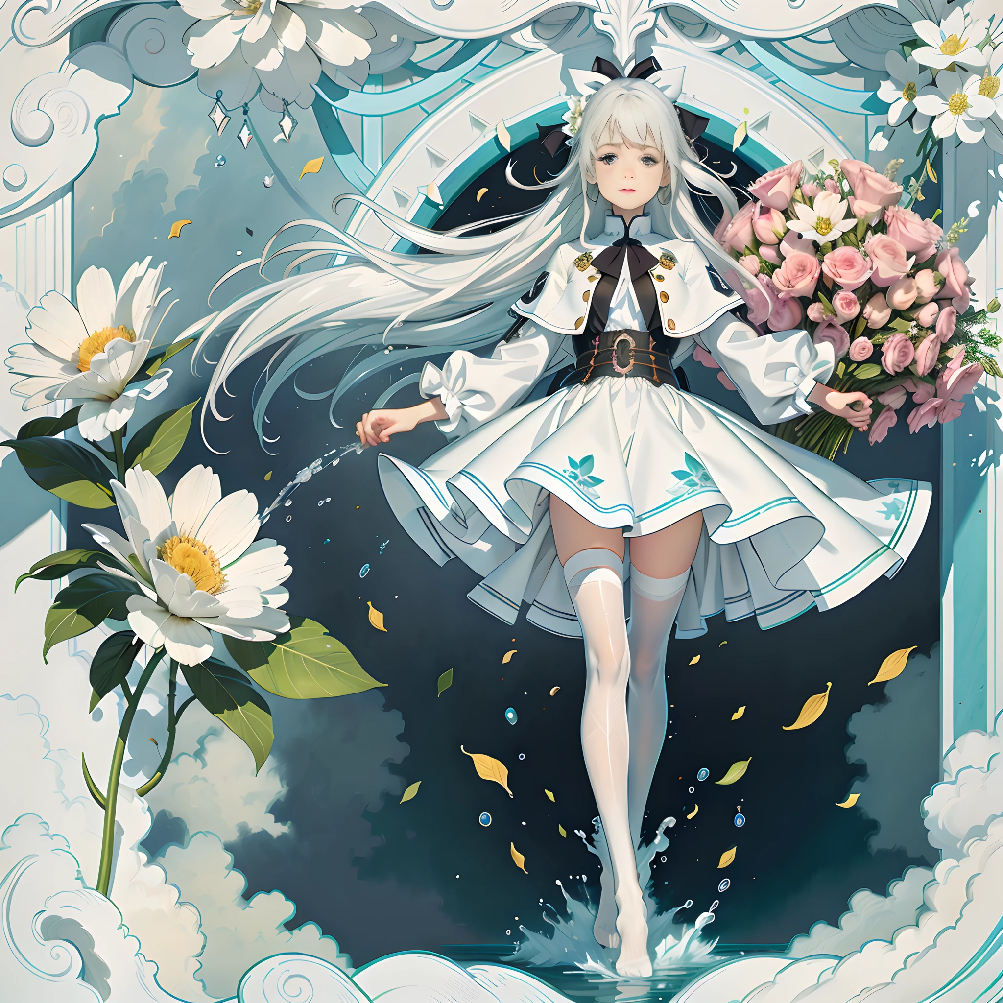 Anime girl with white hair and white dress holding flowers, white-haired god, Official artwork, high detailed official artwork, Kushatt Krenz Key Art Women, Digital art on Pisif , trending on artstation pixiv, Pisif, Official anime artwork, white hair floating in air, A beautiful artwork illustration, Beautiful anime artwork, Pisif Contest Champion, beautiful fantasy anime