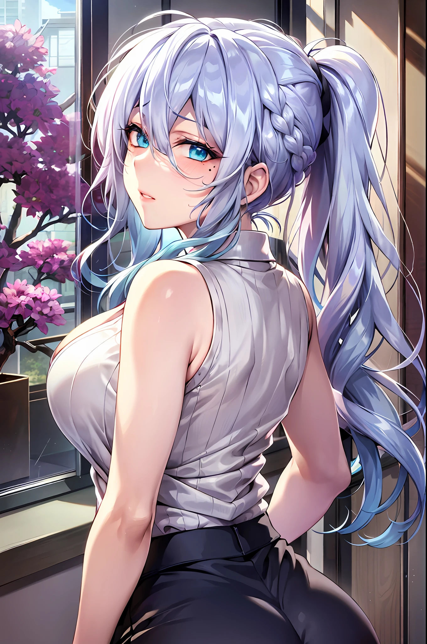 masterpiece, ultra-detailed hair, better lights, better shadows,1girl, yukino, breasts, skirt, silver hair, solo, long hair, large breasts, blue eyes, braid, ass, looking at viewer, braided ponytail, hair ornament, sleeveless, hair flower, black skirt, shirt, indoors, flower, looking back, bangs, bare shoulders, pencil skirt, from behind, window, thighs, mole under eye, sleeveless shirt, pink shirt, blush, bare arms, office lady, very long hair, plant, contemporary, parted lips, miniskirt, single braid, closed mouth, purple flower, pantylines, ribbed shirt,