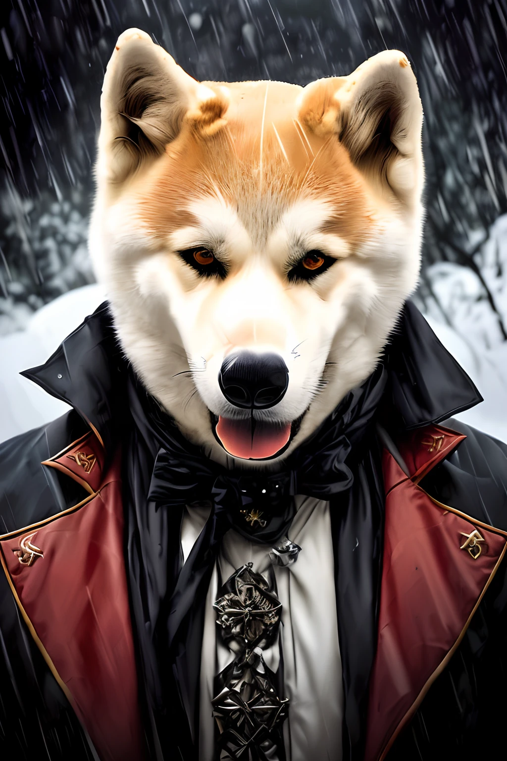 (akita_inu:1.1), (forest theme), (on a hailstorm day) a Dracula dressed in amazing imperial clothes, a character portrait by Greg Retkowski, trending on deviantart, gothic art, deviantart hd, behance hd, artstation hd, intricately detailed, fine details, hyperdetailed, eyescrl
