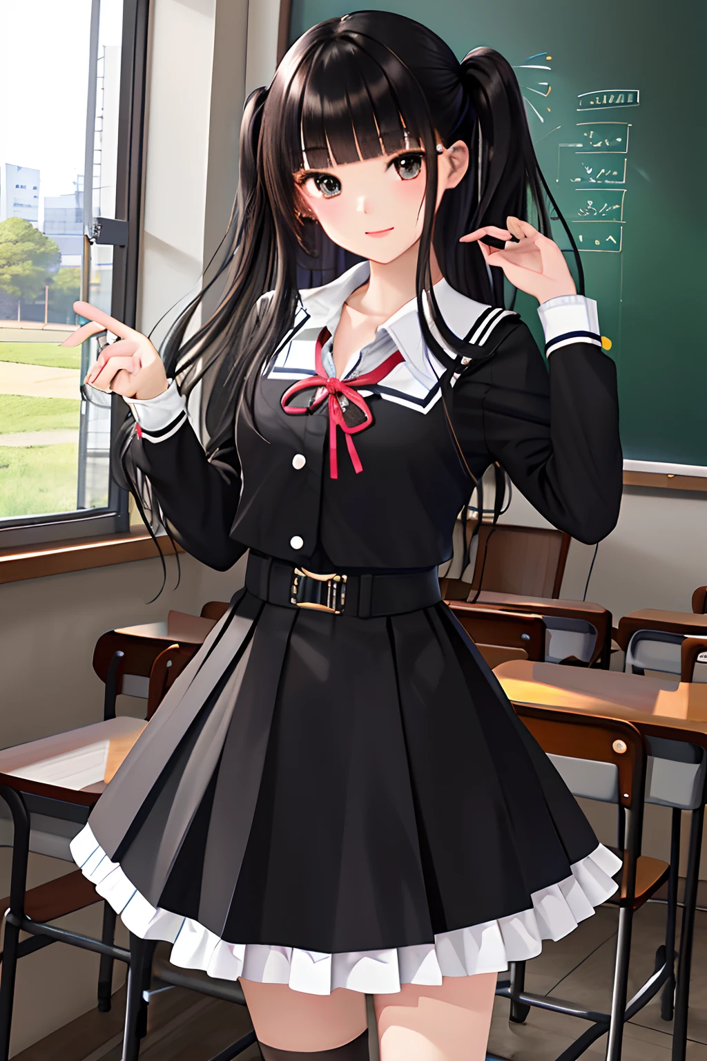 Masterpieces,Best quality,1girll,Long hair,Black hair,Blunt bangs,side locks,school uniform,Collar,Short frilled skirt,Cowboy shot:p,Tsundere,(tareme:1.2),hair adornments,shoes,Classroom, blackboards,