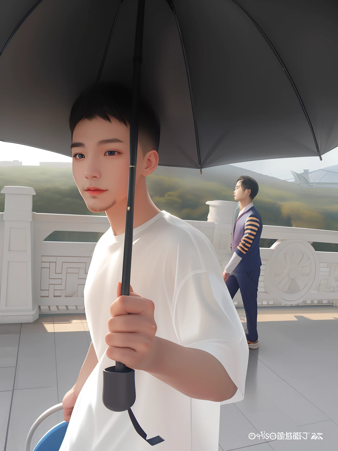 Man with umbrella,Surreal art style,Rainy Sky Bridge