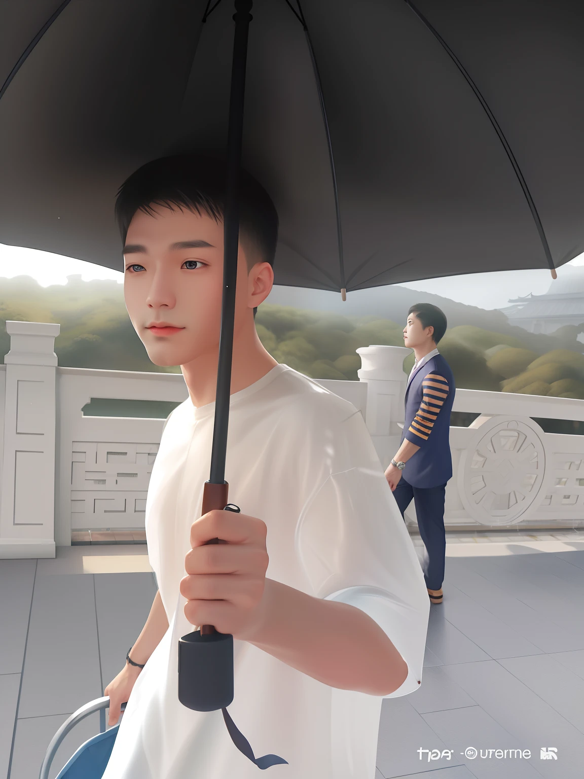 Man with umbrella,Surreal art style,Rainy Sky Bridge