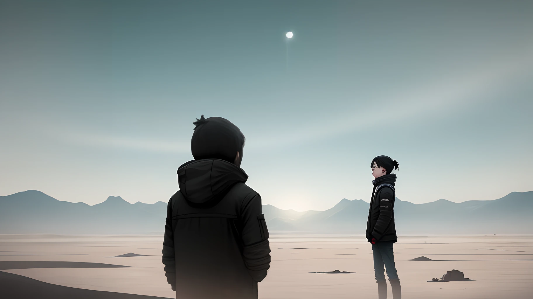 In a remote lonely wasteland,Two souls are accompanying each other,They are equally young and restrained,Don't look at each other
