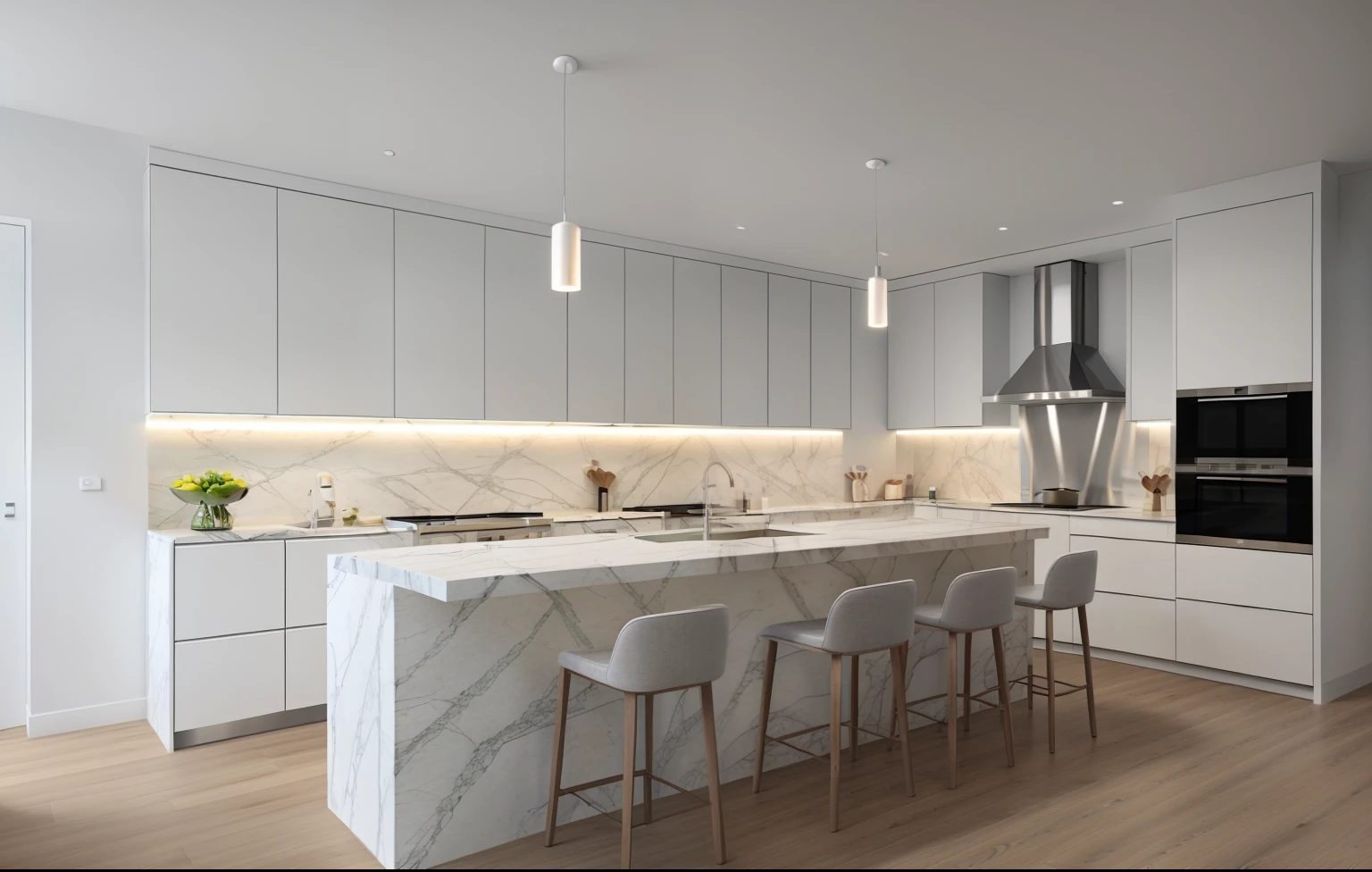 Minimalist kitchen， （wooden floor）， marble countertops， （Illuminated gray：1.2）， （Ultra photo realsisim）， tmasterpiece， Super realistic， best qualtiy， RAW photogr