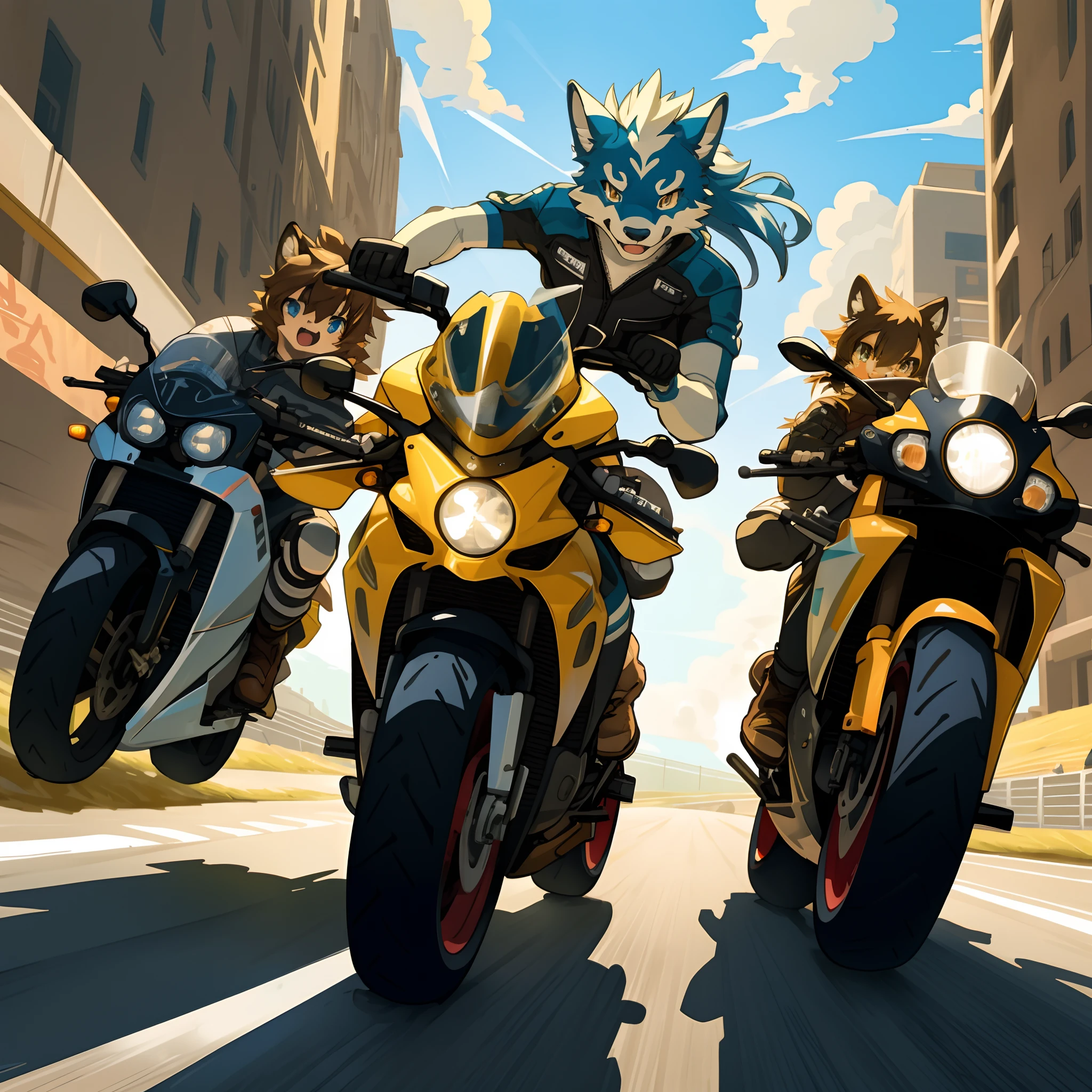 top quality, best quality, High-quality illustrations, masterpiece, super high resolution, detailed background, motorcycle, racing, 6+boys, 6+girls, absurdres(highly detailed beautiful face and eyes)perfect anatomy, expression, good lighting, cinematic shadow(kemono, furry anthro)assorted poses, dynamic angle,