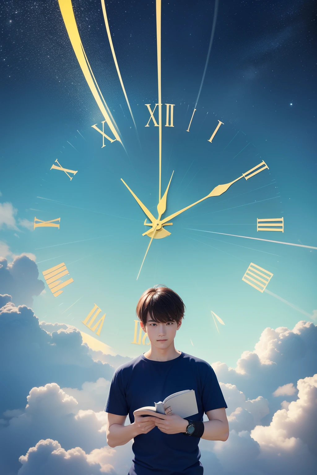 A bright picture,The background is warm yellow。There is a male in the center,He smiled,Hold the open book tightly with both hands。The text and illustrations on the pages are presented in smooth lines。The clock and stopwatch next to it show the passage of time。Below the screen are twinkling stars and clouds。The whole picture is colorful,Blue and orange are the main tones。It conveys the power of reading quickly and intelligently,People are encouraged to value their time and actively read。