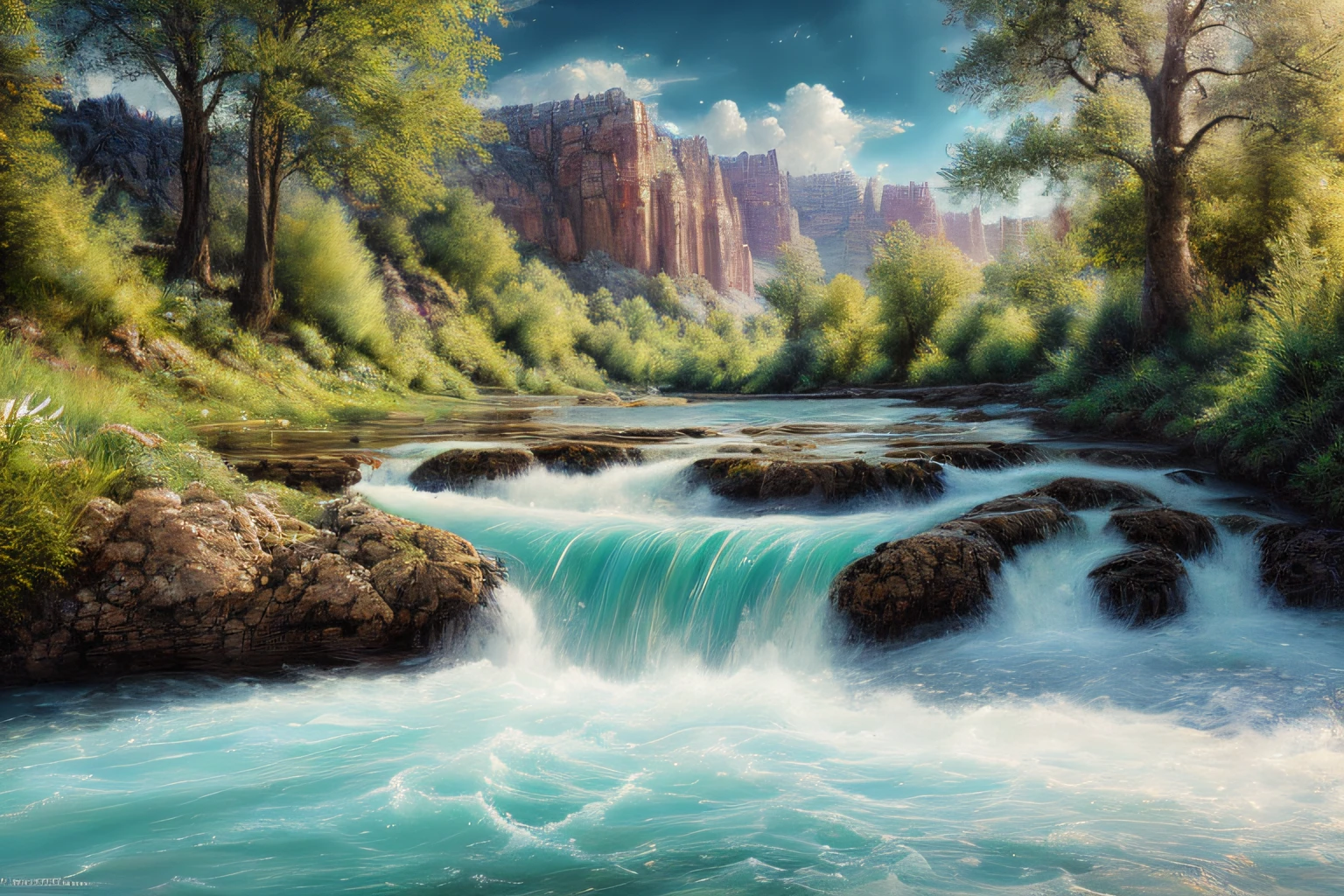 paysage, eau cristalline, (Extremely detailed CG Unit 8k wallpaper), World's most beautiful work of art, Professional majestic oil painting, complexe, High detail, mise au point nette, dramatique, Photorealistic painting art