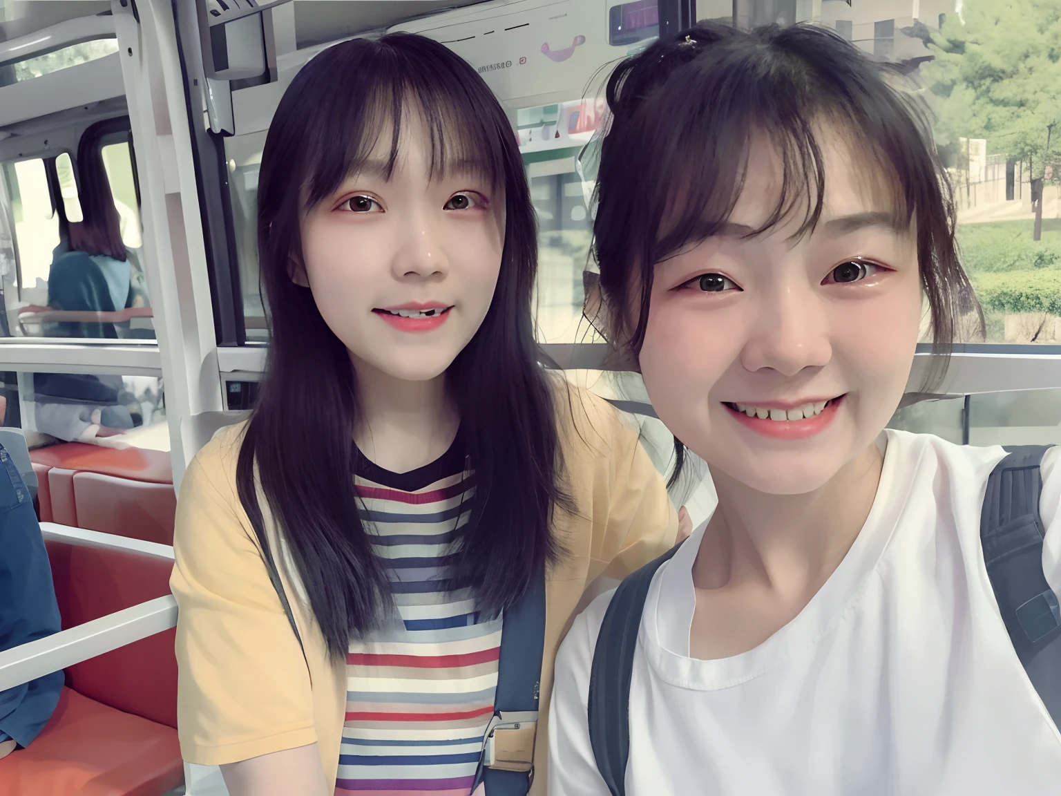 Two women pose for a photo on a bus, Ruan Jia and Fenghua Zhong, wenfei ye, huang yuxing and aya takano, xision wu, jaeyeon nam, zmonzheng, Student, Li Zixin, xintong chen, nixeu and sakimichan, gongbi, 8K)), xue han