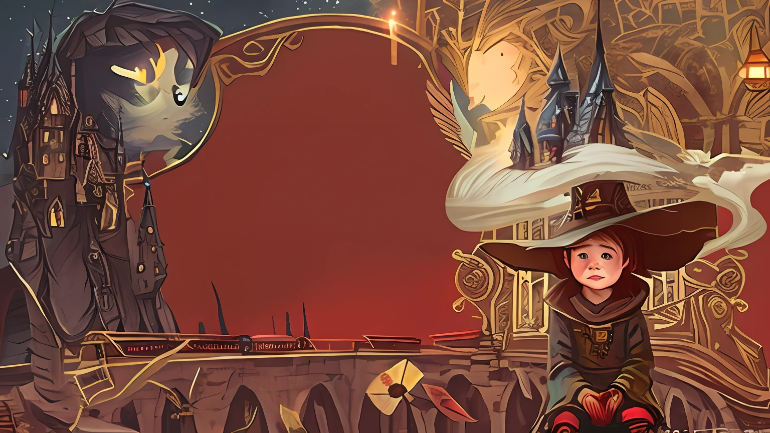 A cute little girl with single eyelid with wizard hat Harry Potter style illustration gorgeous castle background